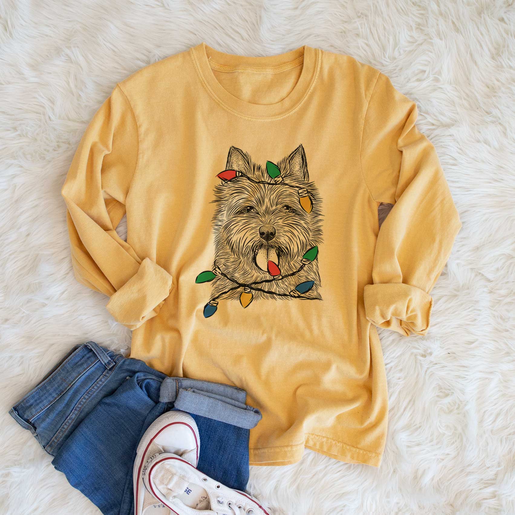 Christmas Lights Alfie the Norwich Terrier - Heavyweight 100% Cotton Long Sleeve