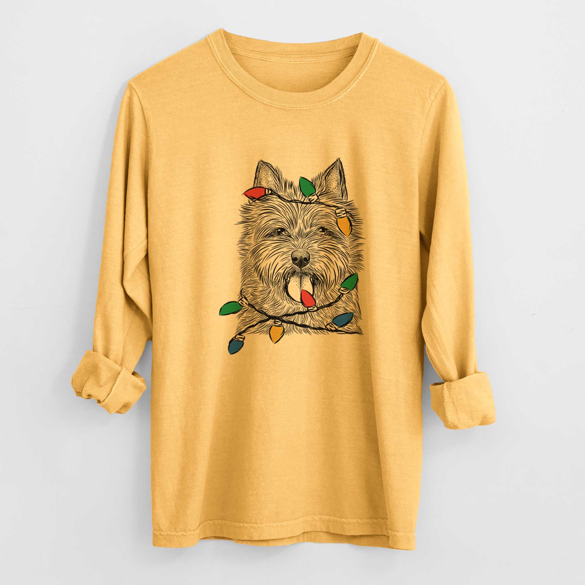 Christmas Lights Alfie the Norwich Terrier - Heavyweight 100% Cotton Long Sleeve