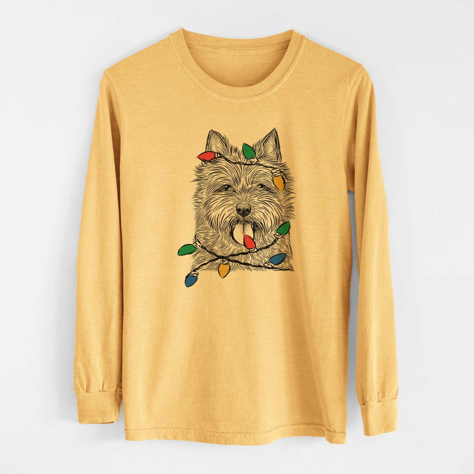 Christmas Lights Alfie the Norwich Terrier - Heavyweight 100% Cotton Long Sleeve