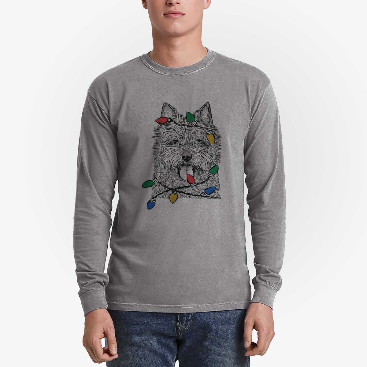Christmas Lights Alfie the Norwich Terrier - Heavyweight 100% Cotton Long Sleeve