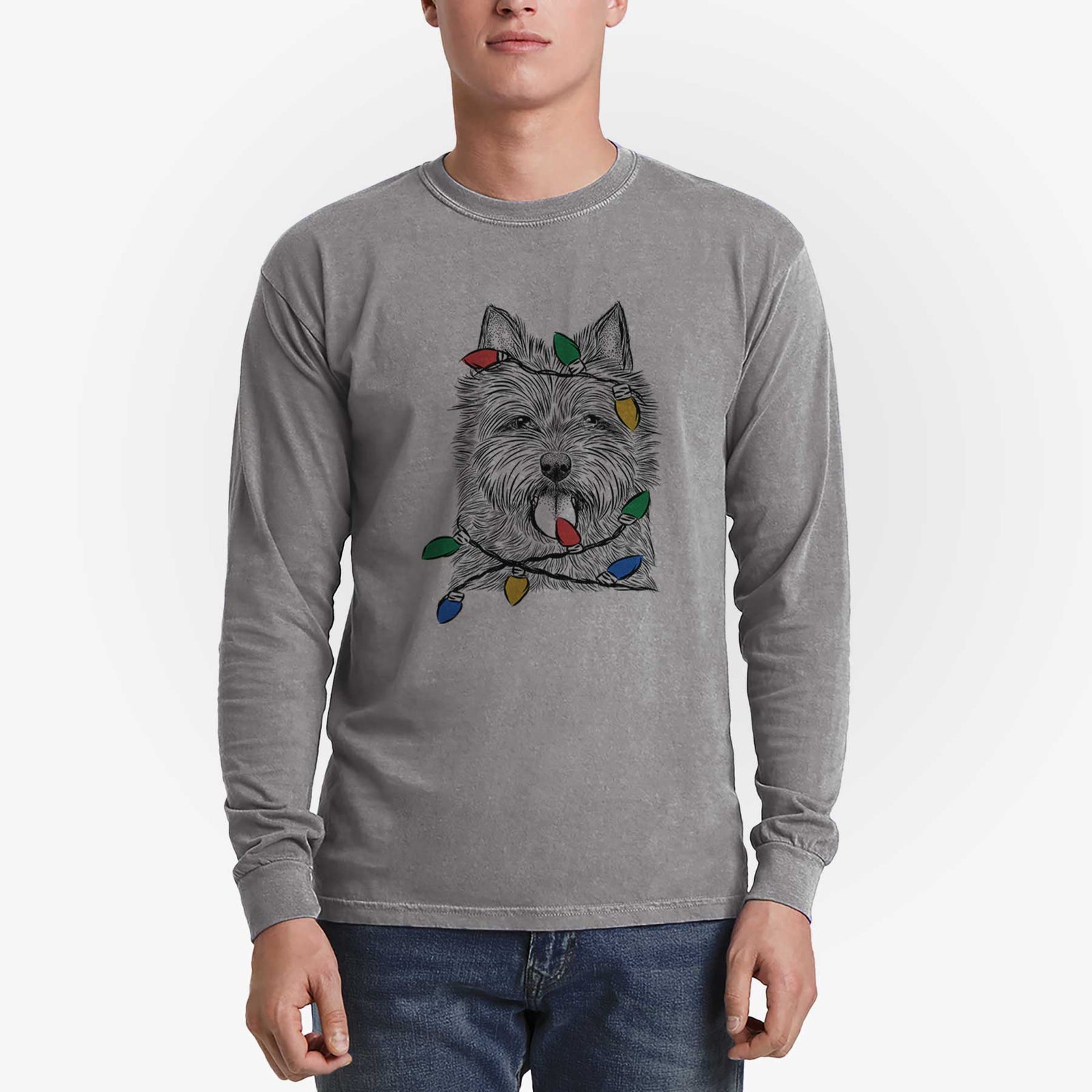 Christmas Lights Alfie the Norwich Terrier - Heavyweight 100% Cotton Long Sleeve