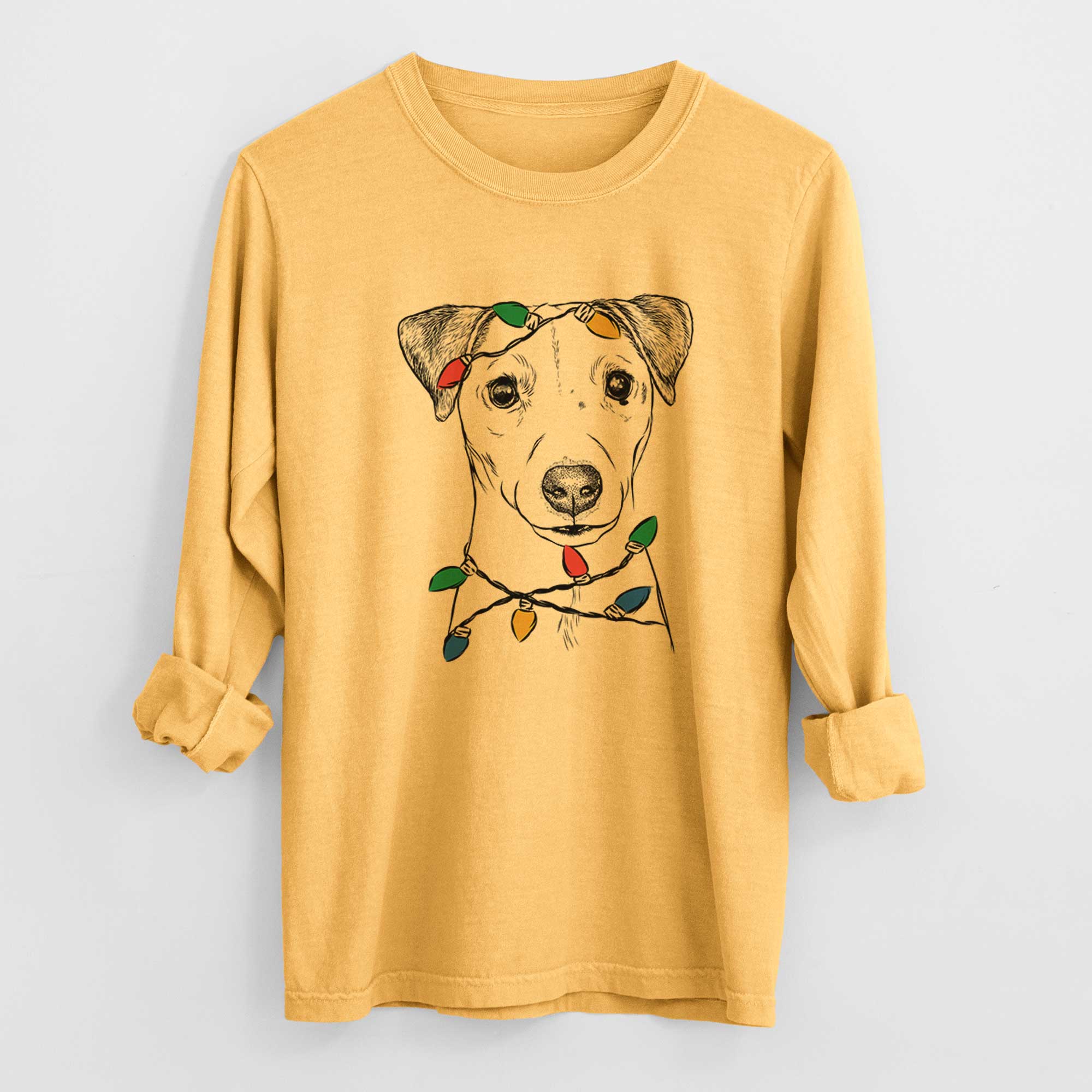 Christmas Lights Ally the Jack Russell Terrier - Heavyweight 100% Cotton Long Sleeve