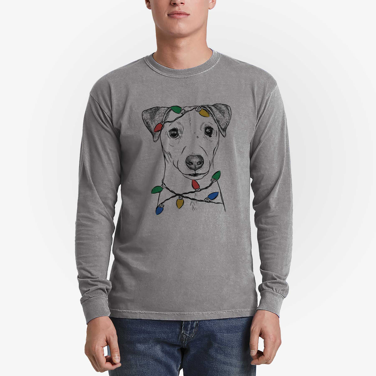Christmas Lights Ally the Jack Russell Terrier - Heavyweight 100% Cotton Long Sleeve