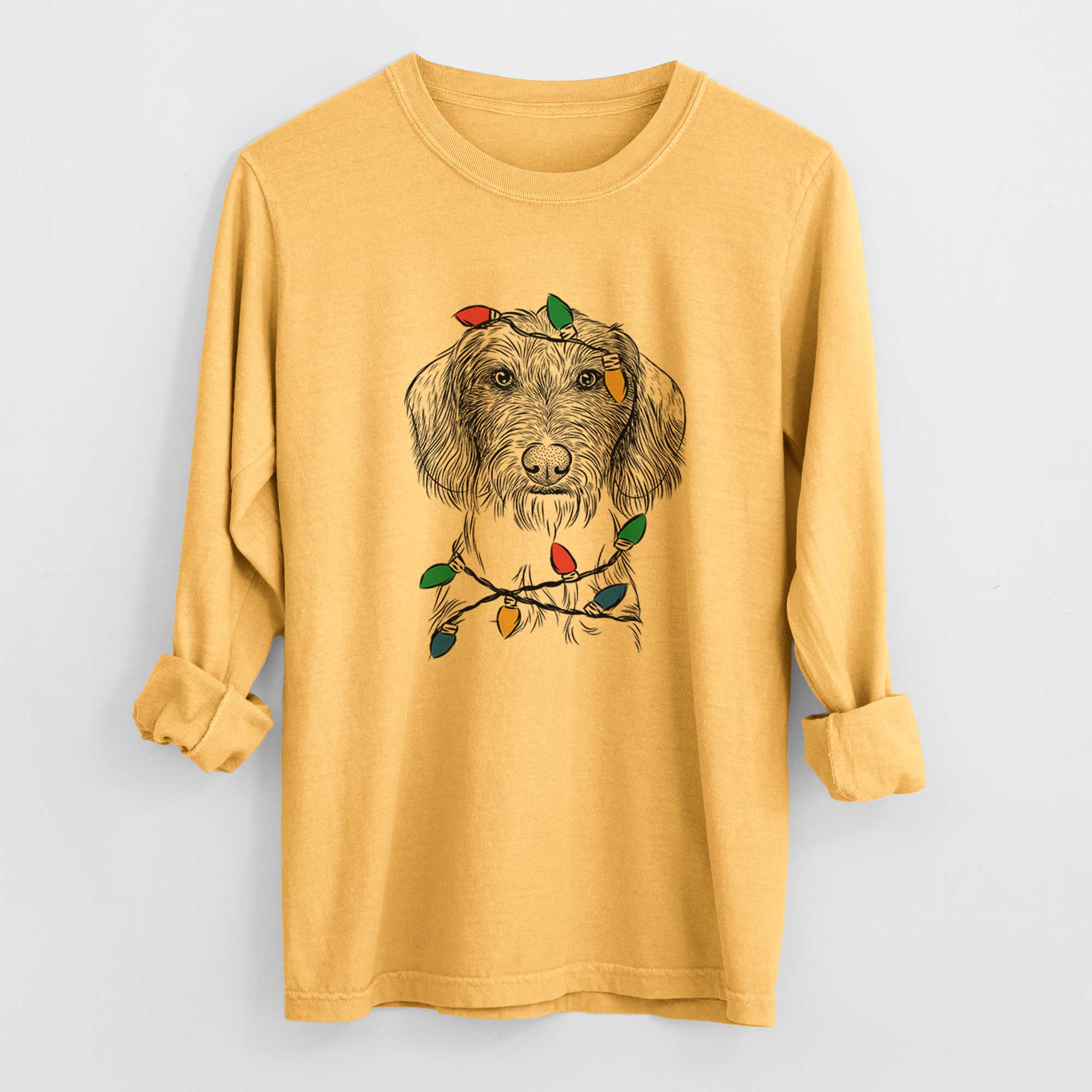 Christmas Lights Almond the Wirehaired Dachshund - Heavyweight 100% Cotton Long Sleeve