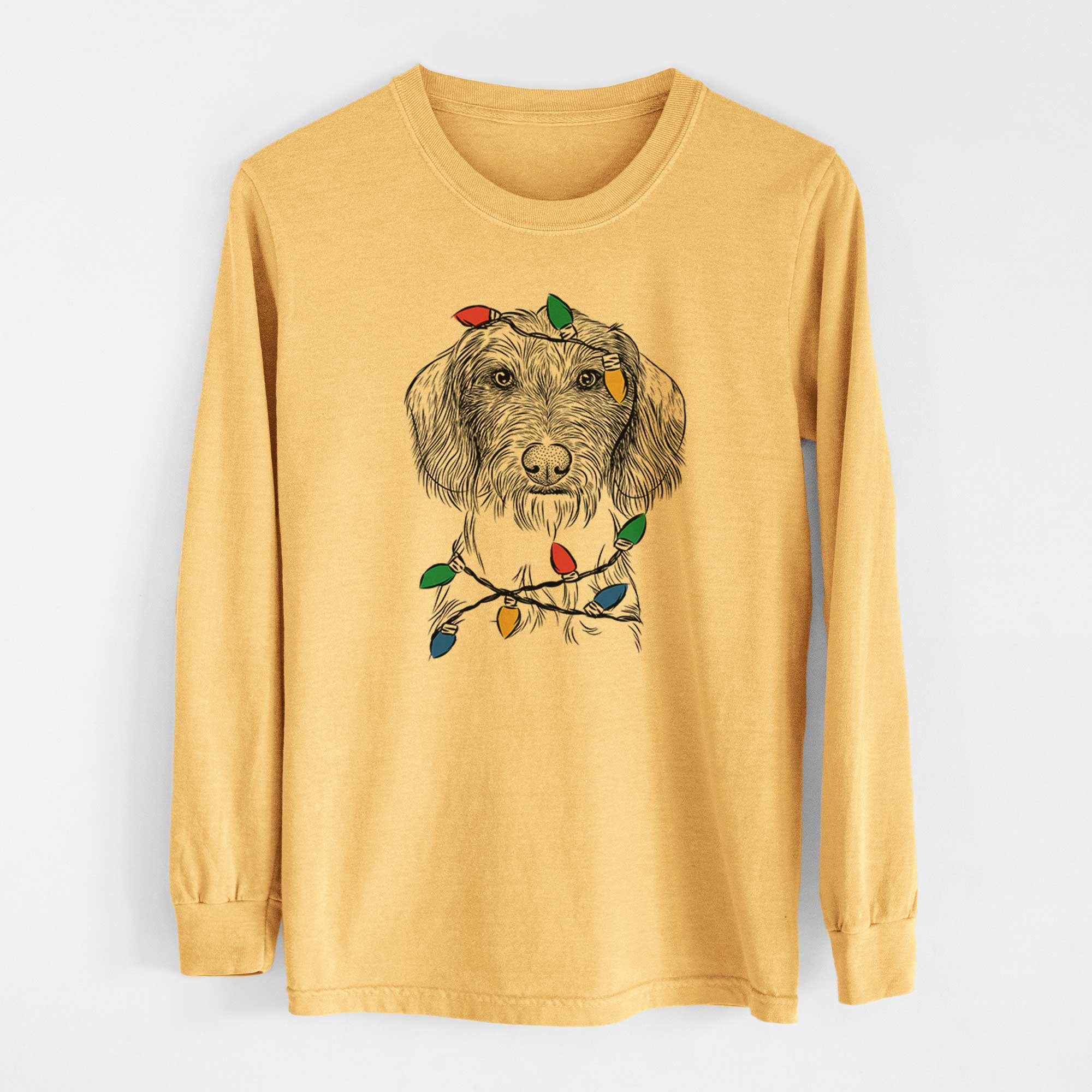 Christmas Lights Almond the Wirehaired Dachshund - Heavyweight 100% Cotton Long Sleeve