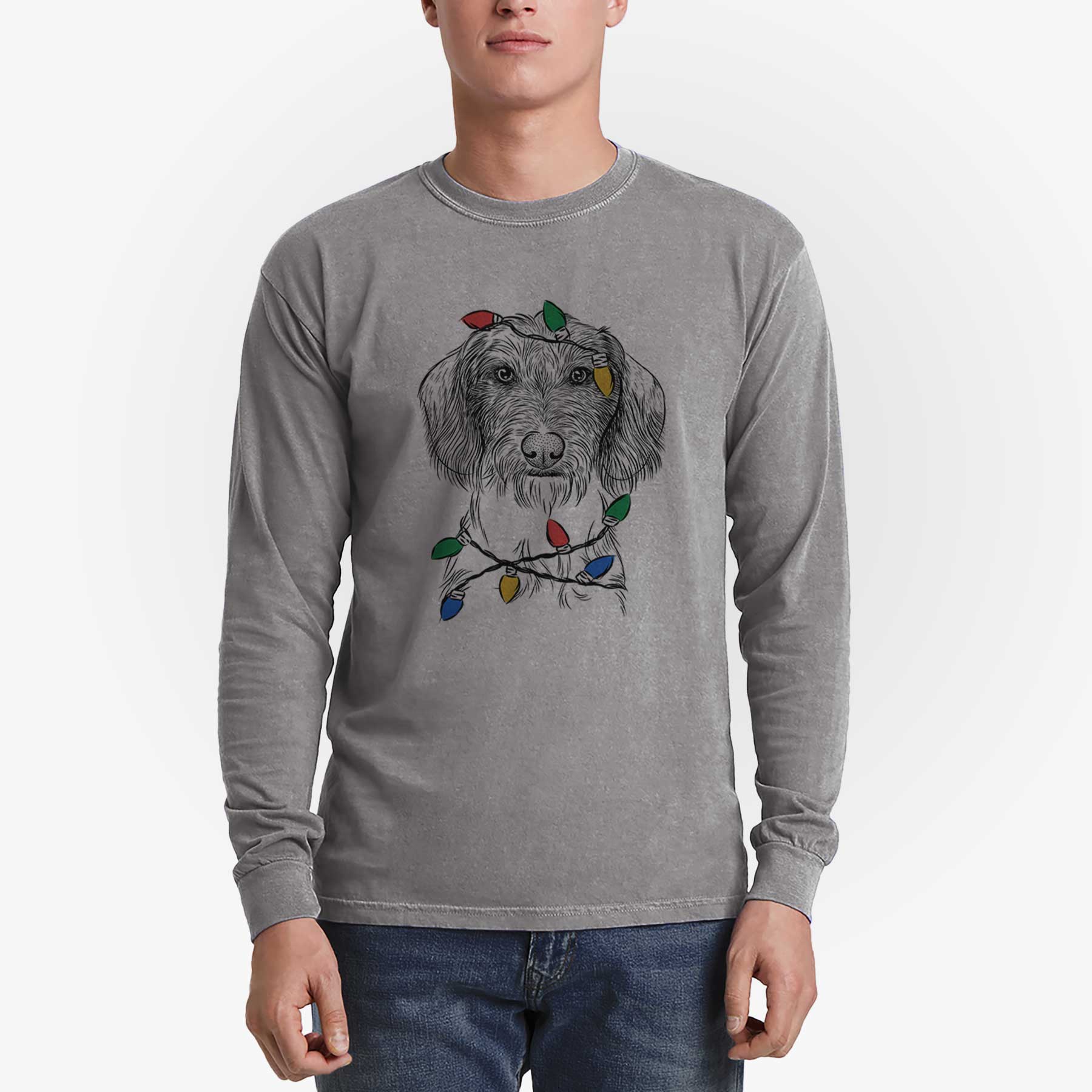 Christmas Lights Almond the Wirehaired Dachshund - Heavyweight 100% Cotton Long Sleeve