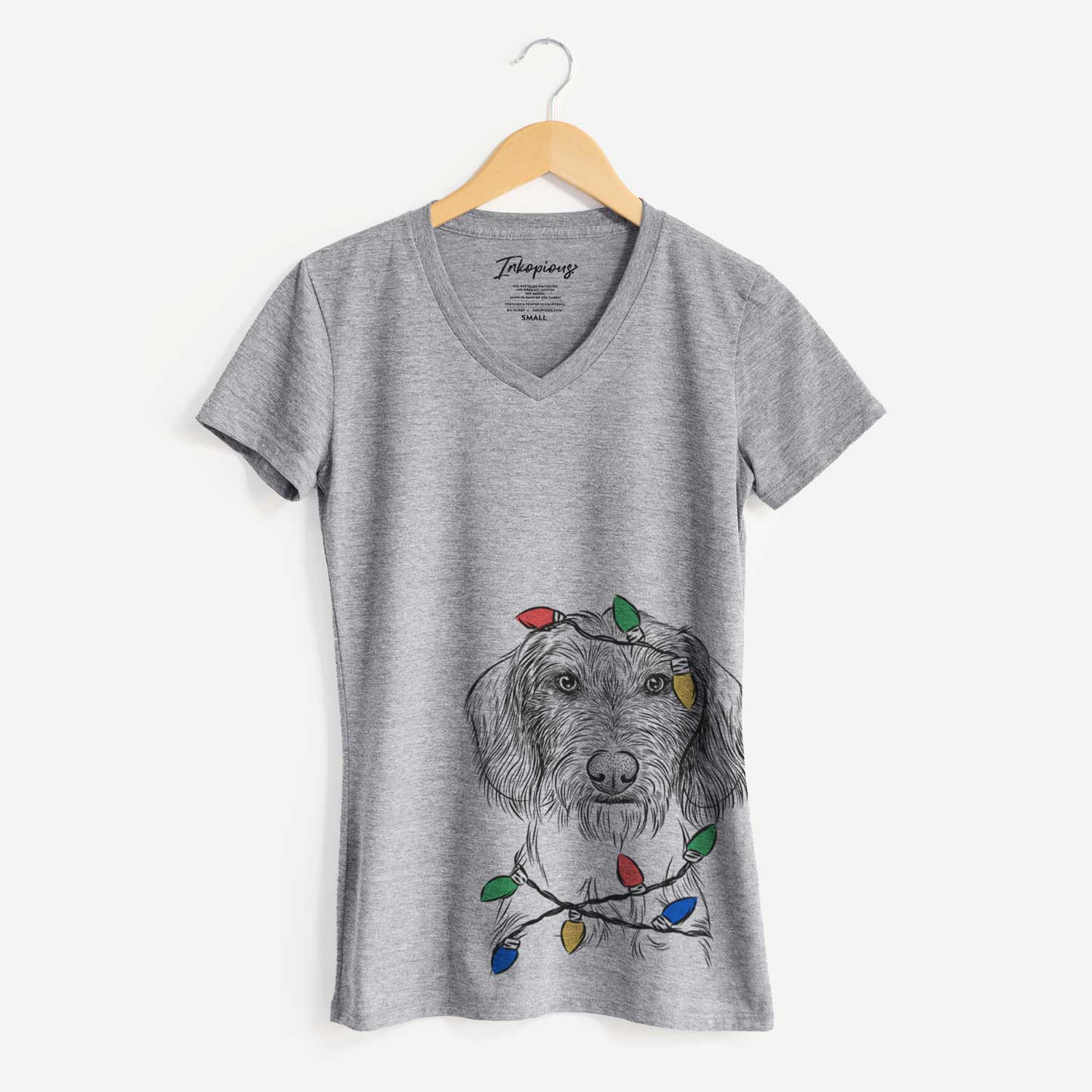 Christmas Lights Almond the Wirehaired Dachshund - Women's V-neck Shirt