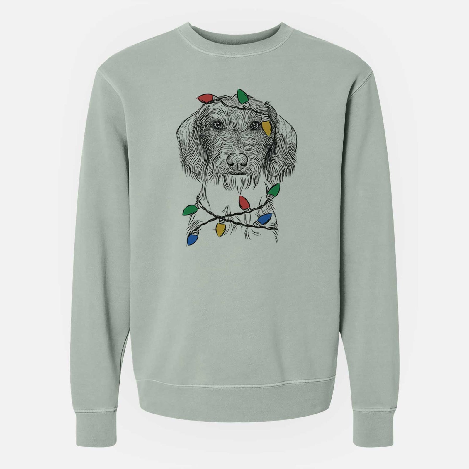 Christmas Lights Almond the Wirehaired Dachshund - Unisex Pigment Dyed Crew Sweatshirt