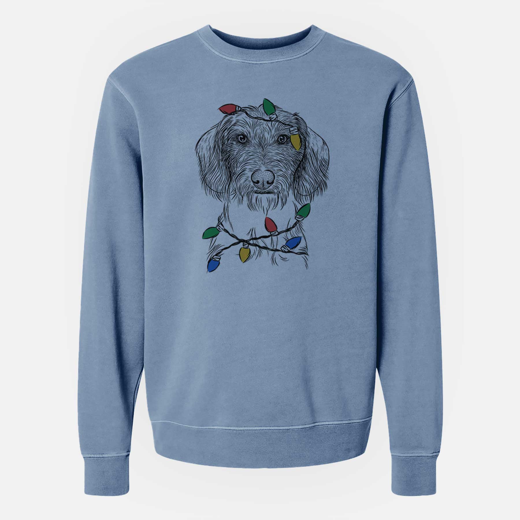 Christmas Lights Almond the Wirehaired Dachshund - Unisex Pigment Dyed Crew Sweatshirt