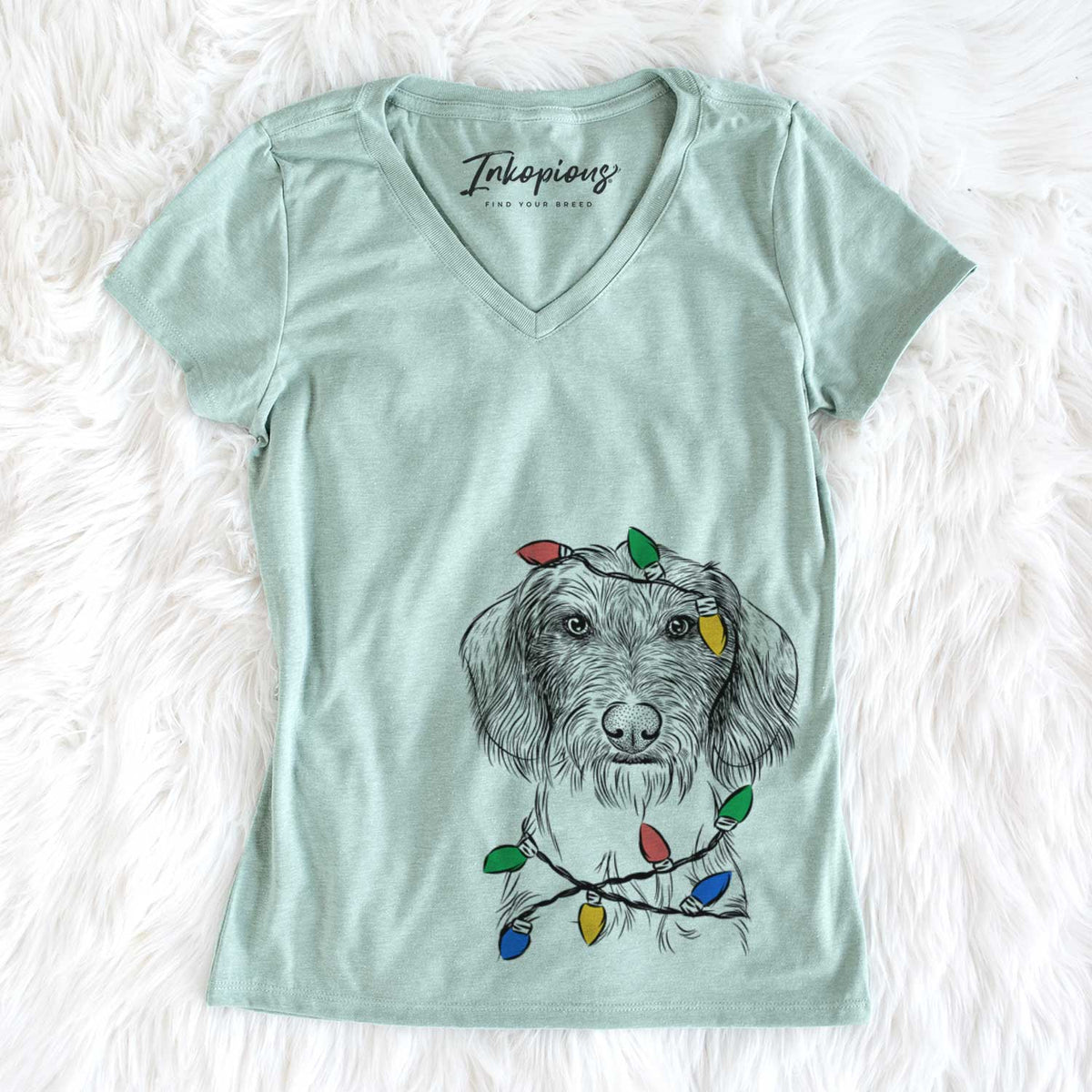 Christmas Lights Almond the Wirehaired Dachshund - Women&#39;s V-neck Shirt