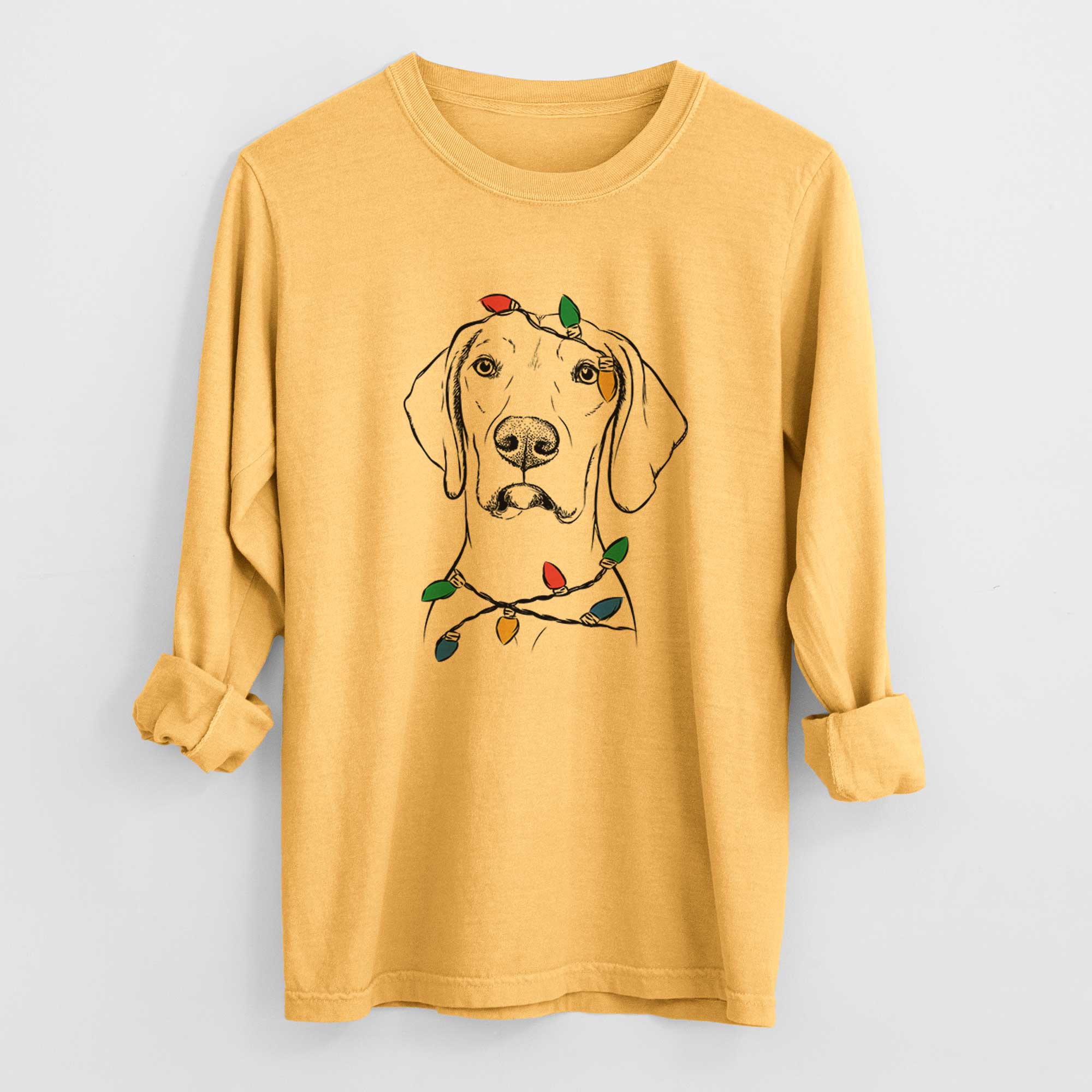 Christmas Lights Almond the Vizmaraner - Heavyweight 100% Cotton Long Sleeve