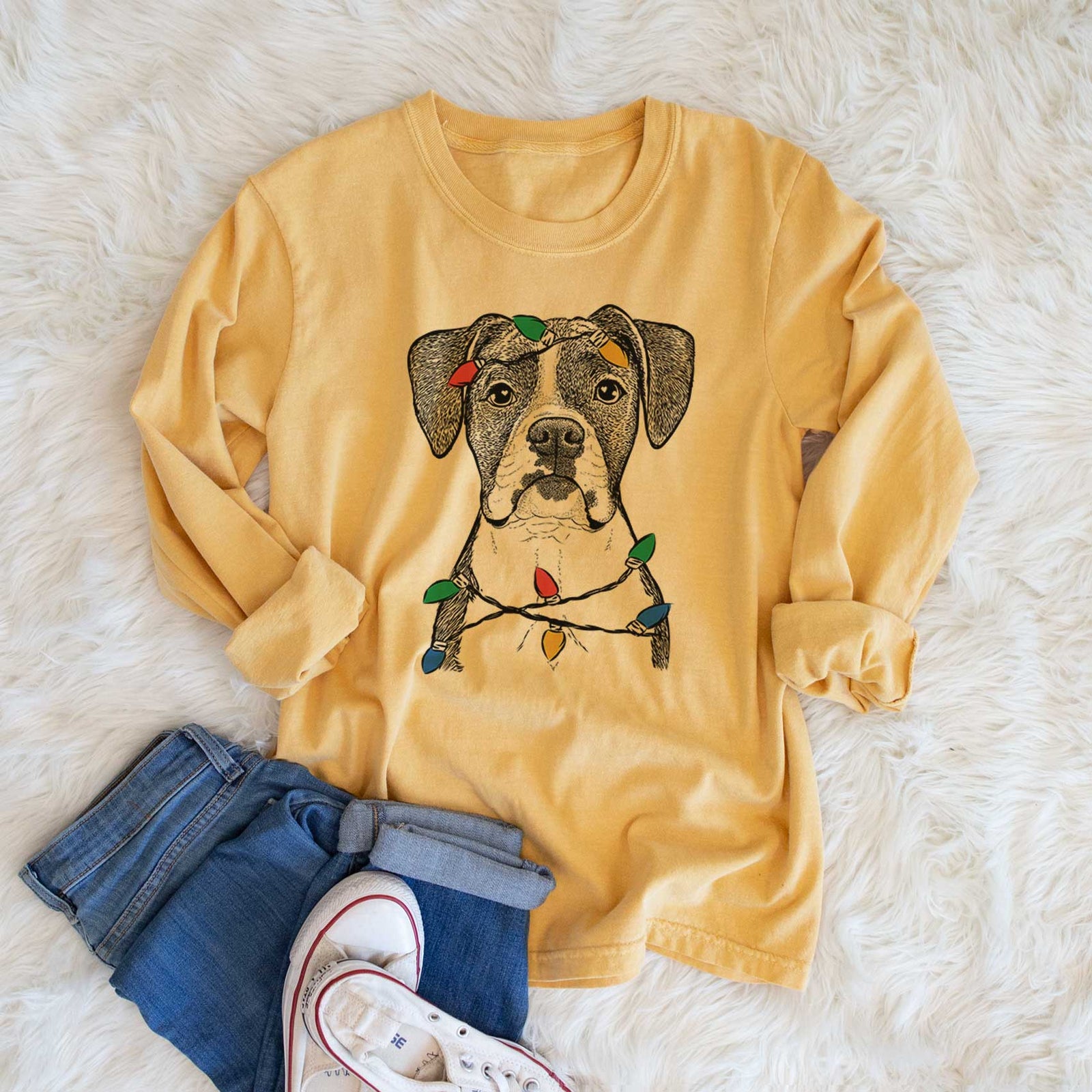 Christmas Lights Annie the Boxer - Heavyweight 100% Cotton Long Sleeve