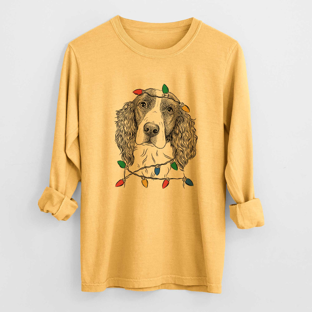 Christmas Lights Annie the English Springer Spaniel - Heavyweight 100% Cotton Long Sleeve