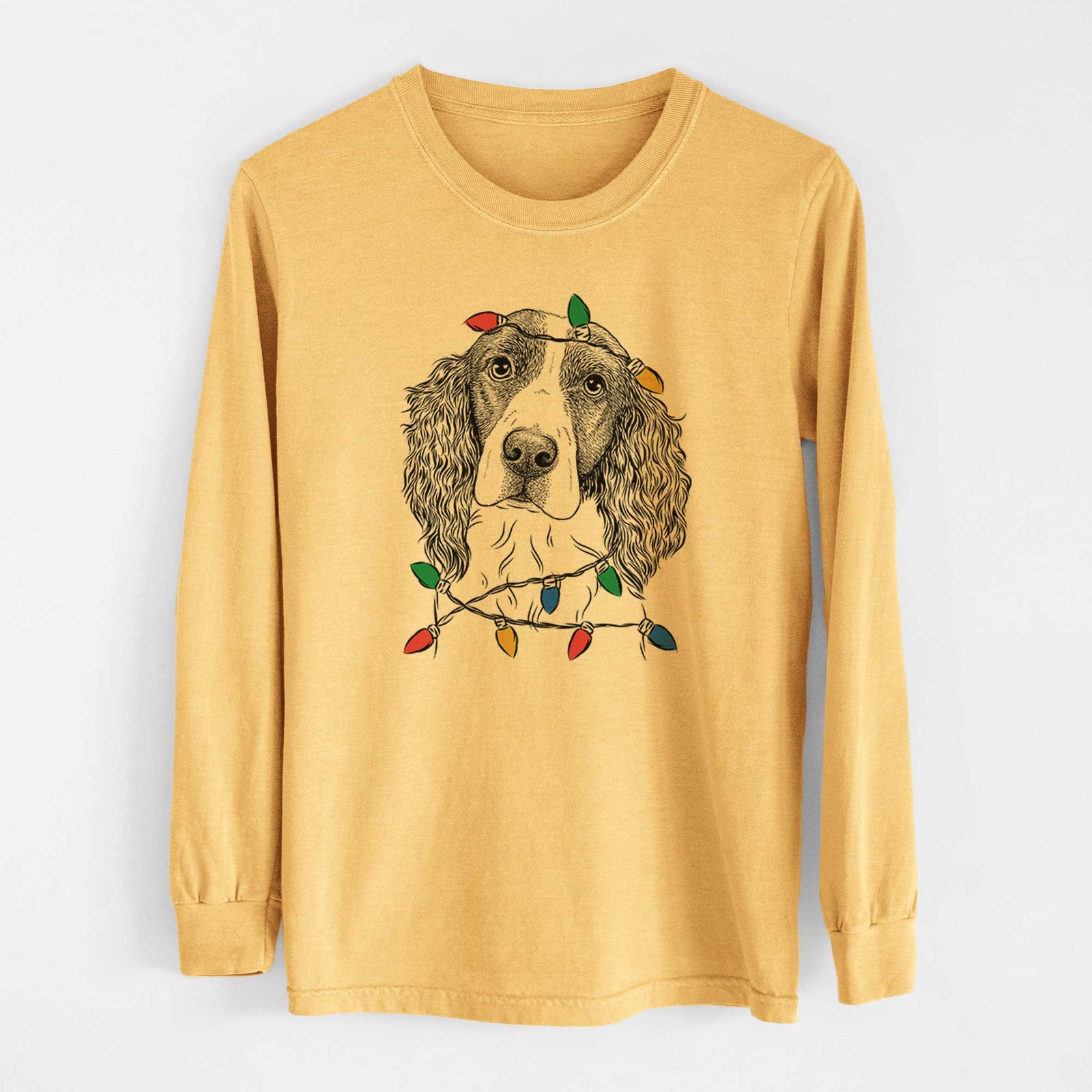 Christmas Lights Annie the English Springer Spaniel - Heavyweight 100% Cotton Long Sleeve