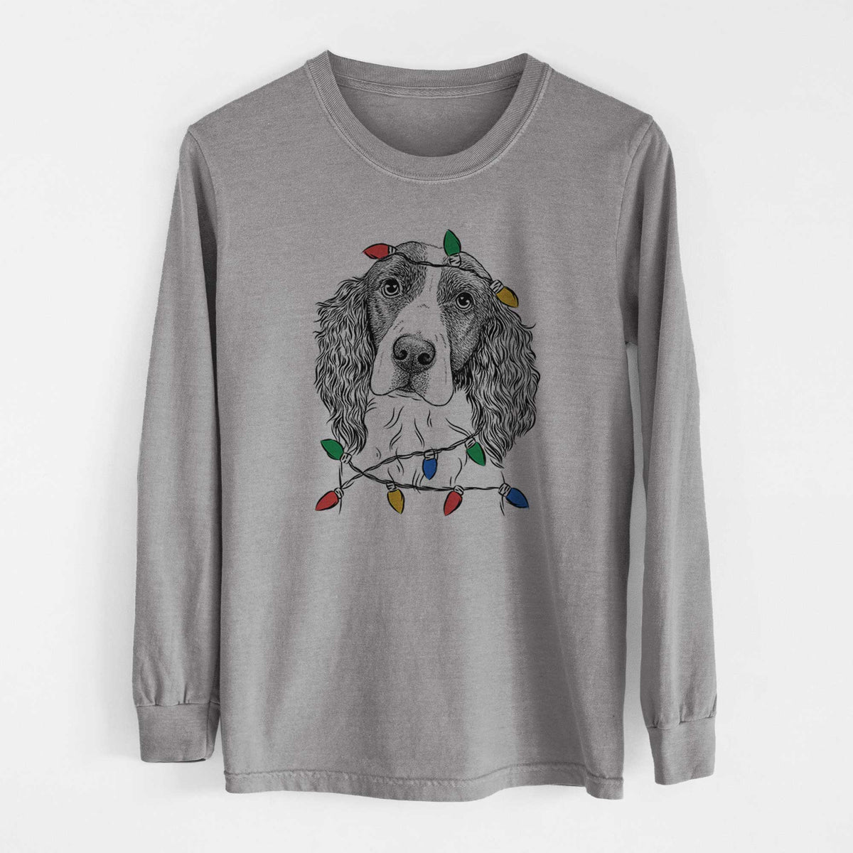 Christmas Lights Annie the English Springer Spaniel - Heavyweight 100% Cotton Long Sleeve