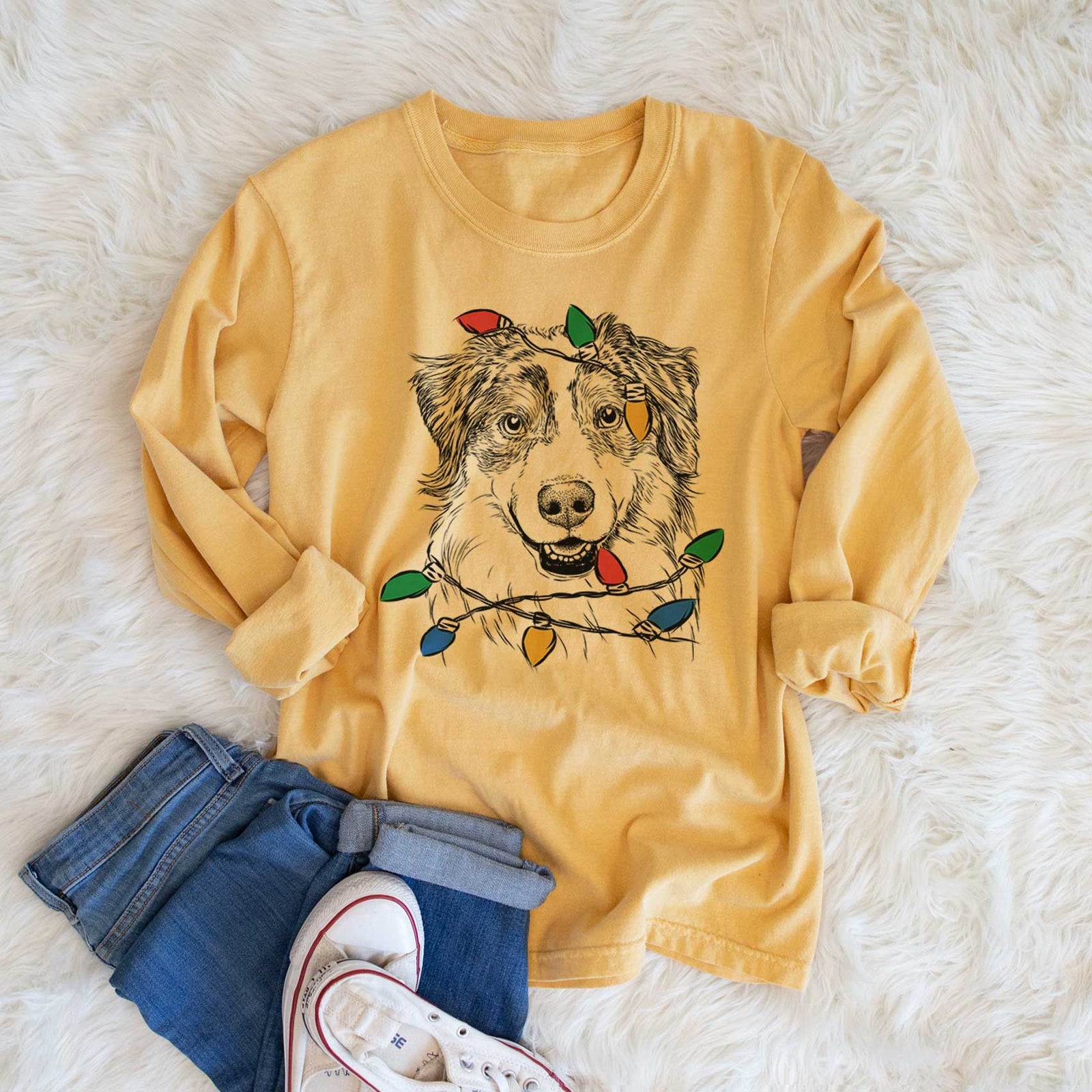 Christmas Lights Aonghus the Australian Shepherd - Heavyweight 100% Cotton Long Sleeve