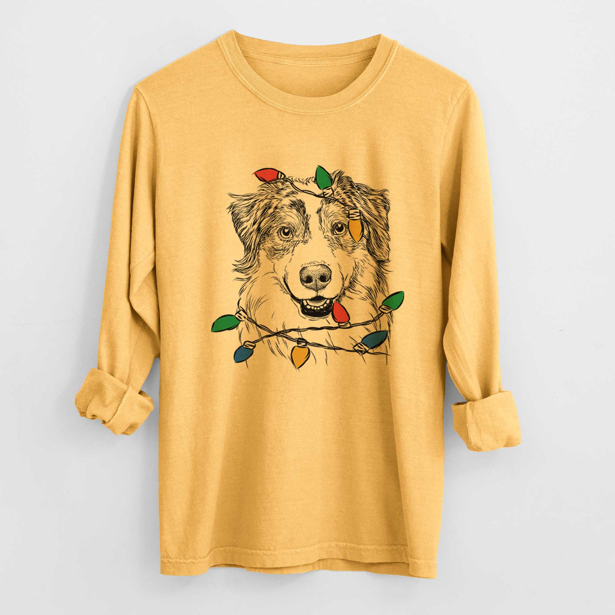 Christmas Lights Aonghus the Australian Shepherd - Heavyweight 100% Cotton Long Sleeve
