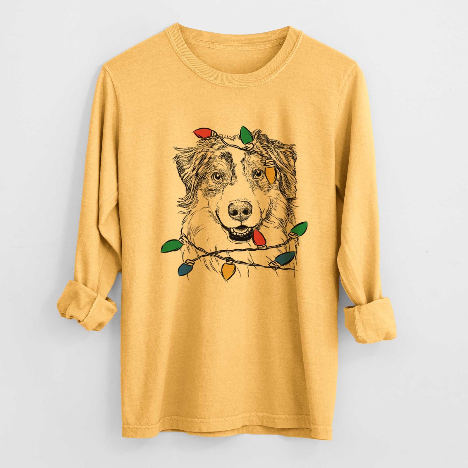 Christmas Lights Aonghus the Australian Shepherd - Heavyweight 100% Cotton Long Sleeve