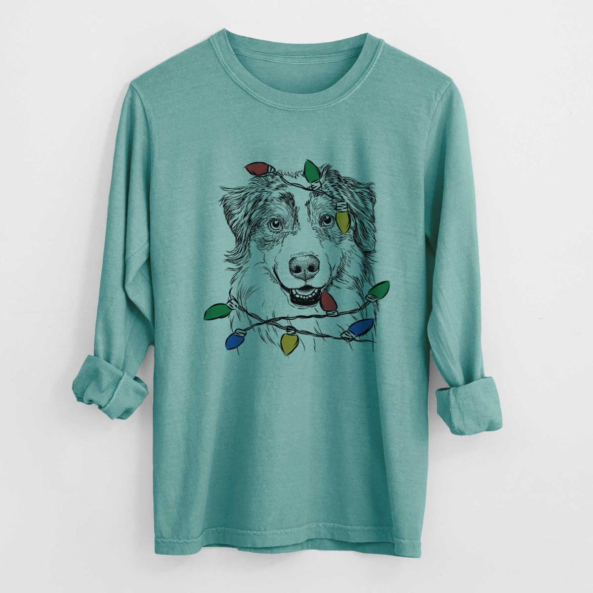 Christmas Lights Aonghus the Australian Shepherd - Heavyweight 100% Cotton Long Sleeve