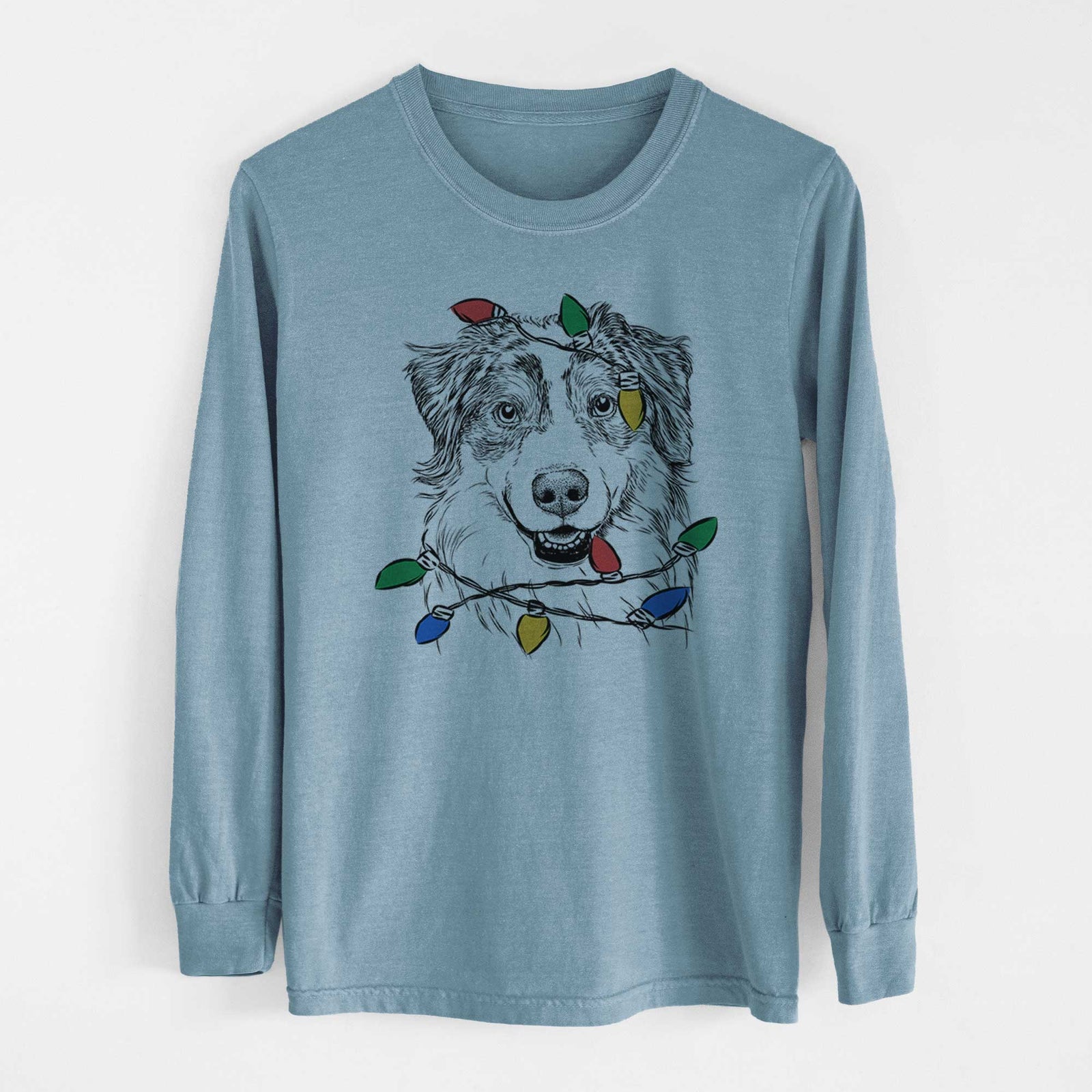 Christmas Lights Aonghus the Australian Shepherd - Heavyweight 100% Cotton Long Sleeve