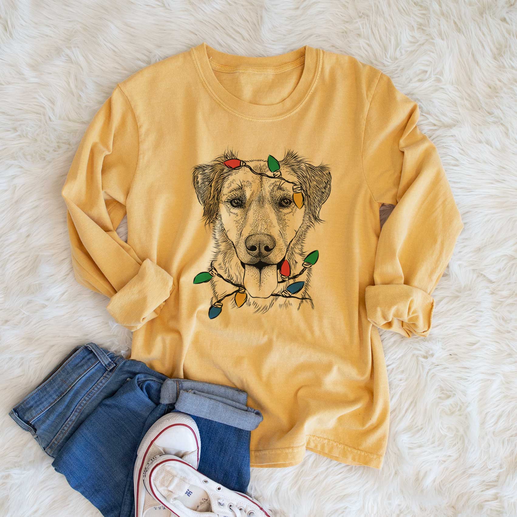 Christmas Lights Apollo the Mixed Breed - Heavyweight 100% Cotton Long Sleeve