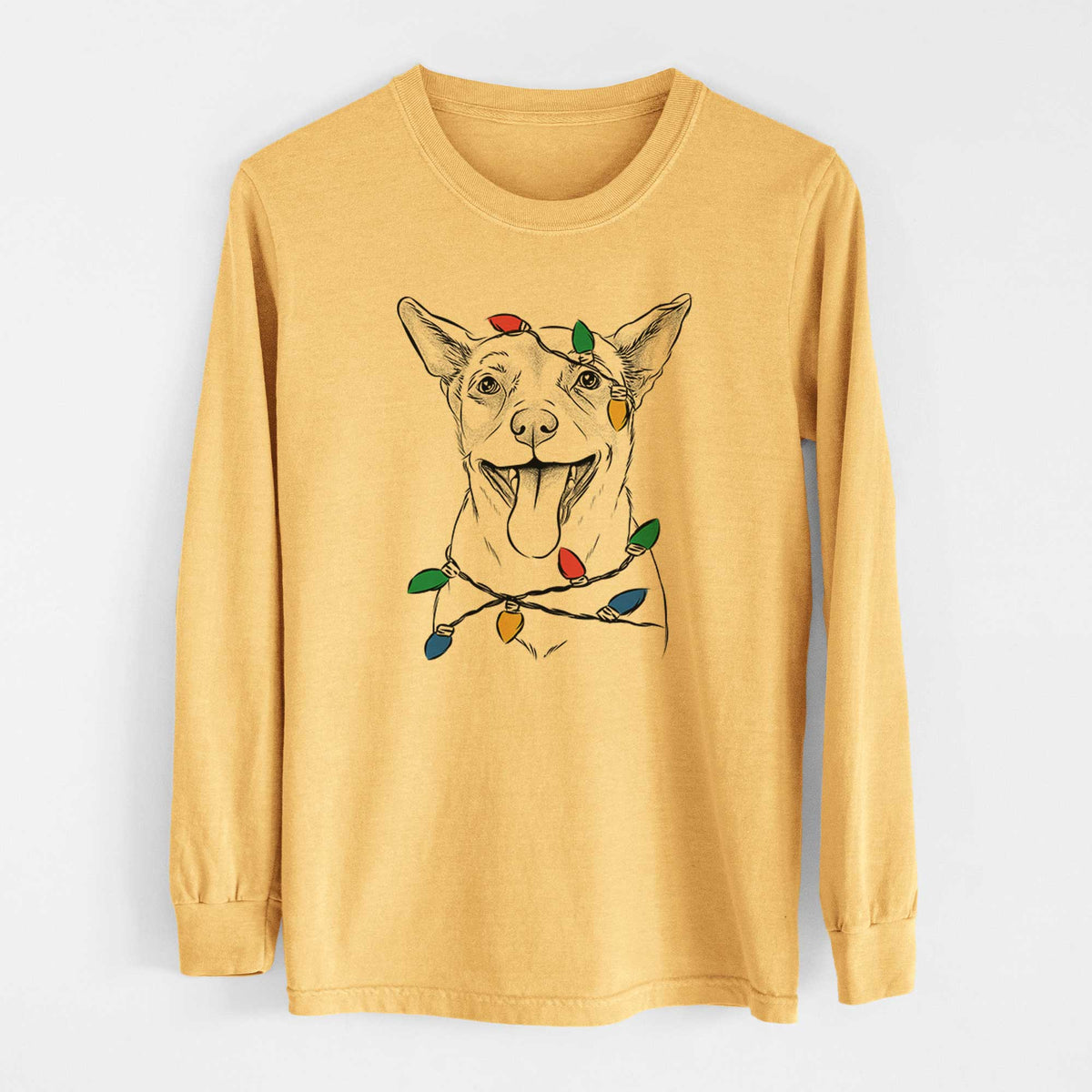 Christmas Lights Archie the Chihuahua Mix - Heavyweight 100% Cotton Long Sleeve