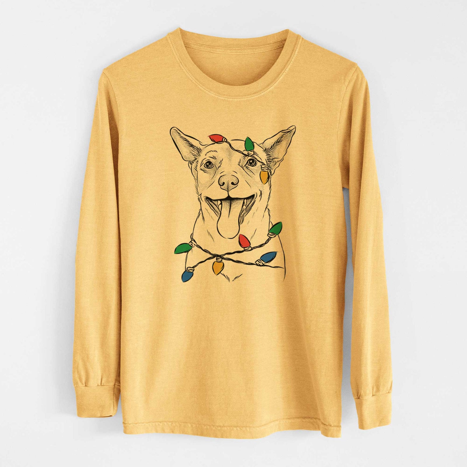Christmas Lights Archie the Chihuahua Mix - Heavyweight 100% Cotton Long Sleeve