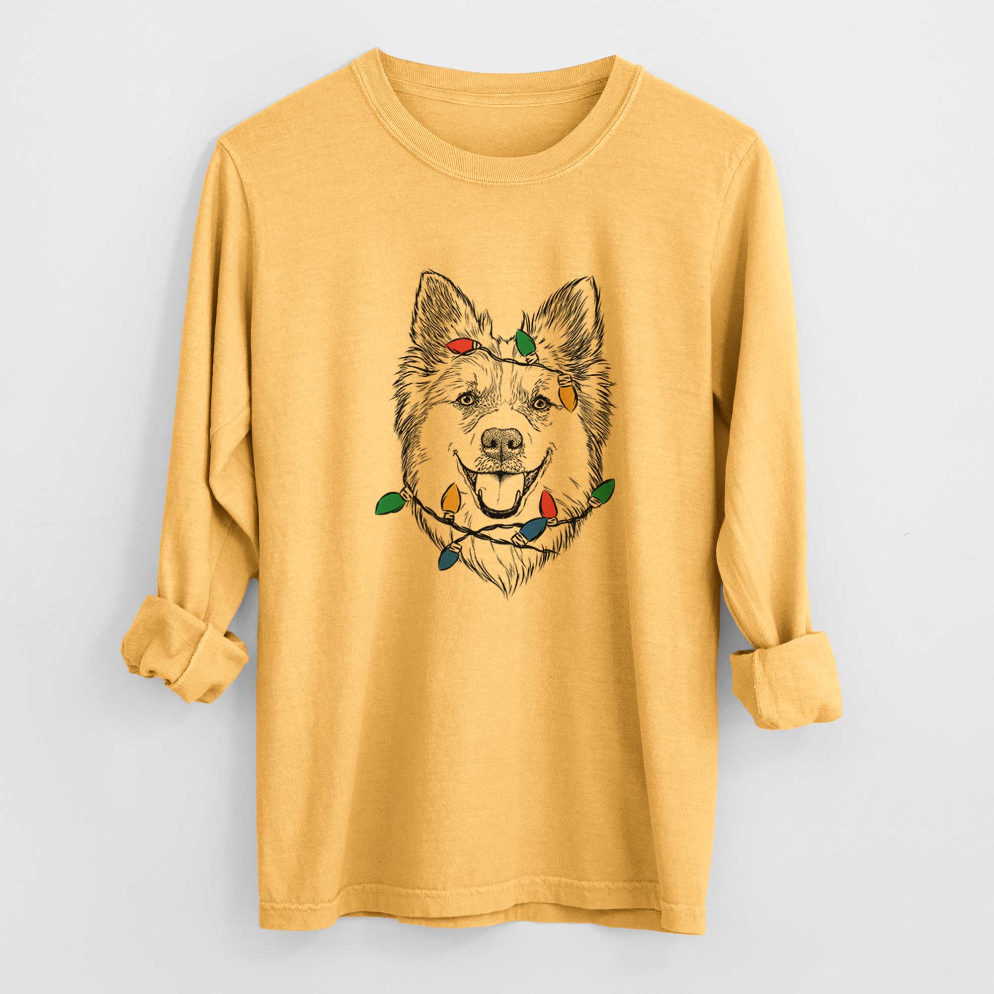 Christmas Lights Ari the Icelandic Sheepdog - Heavyweight 100% Cotton Long Sleeve