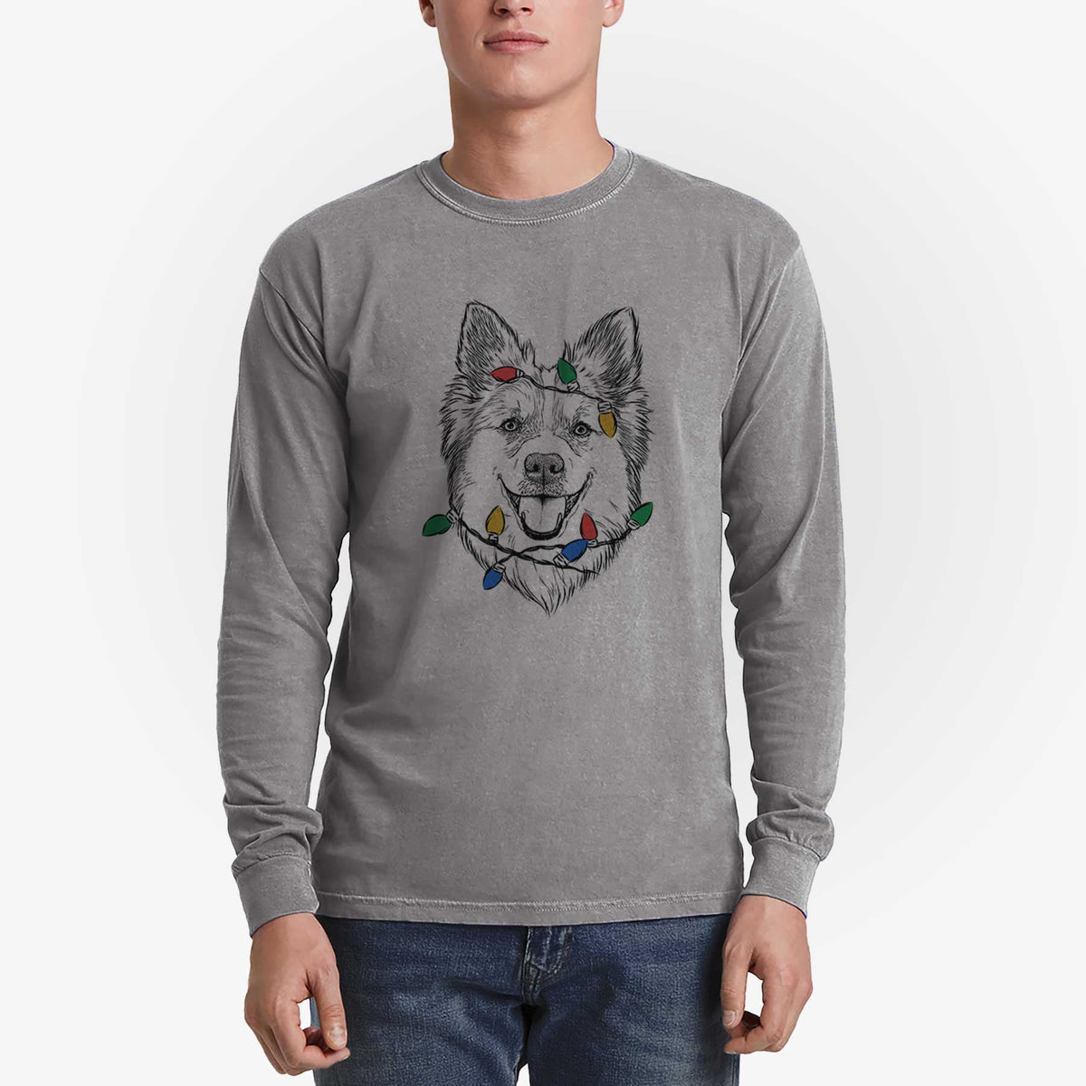 Christmas Lights Ari the Icelandic Sheepdog - Heavyweight 100% Cotton Long Sleeve