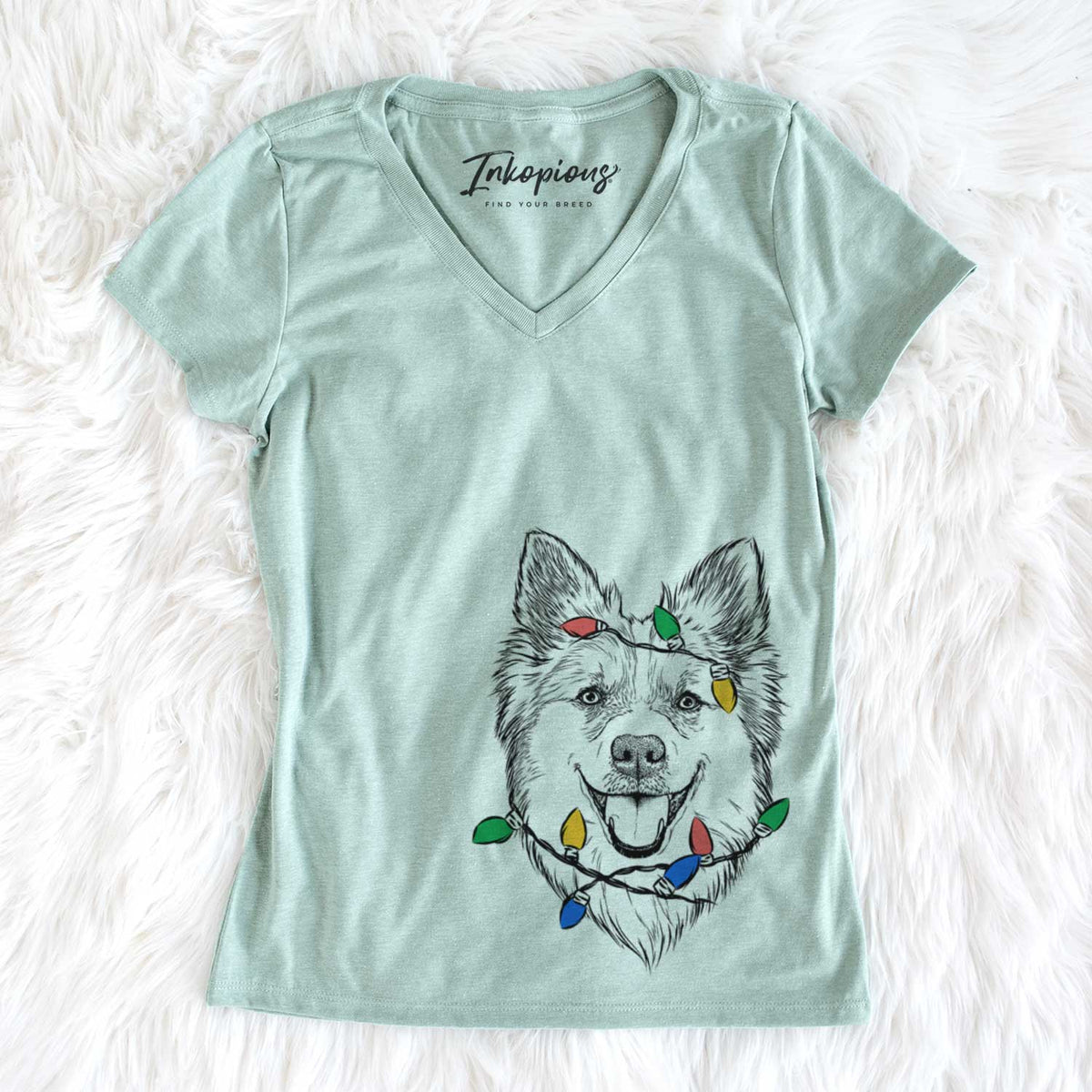 Christmas Lights Ari the Icelandic Sheepdog - Women&#39;s V-neck Shirt