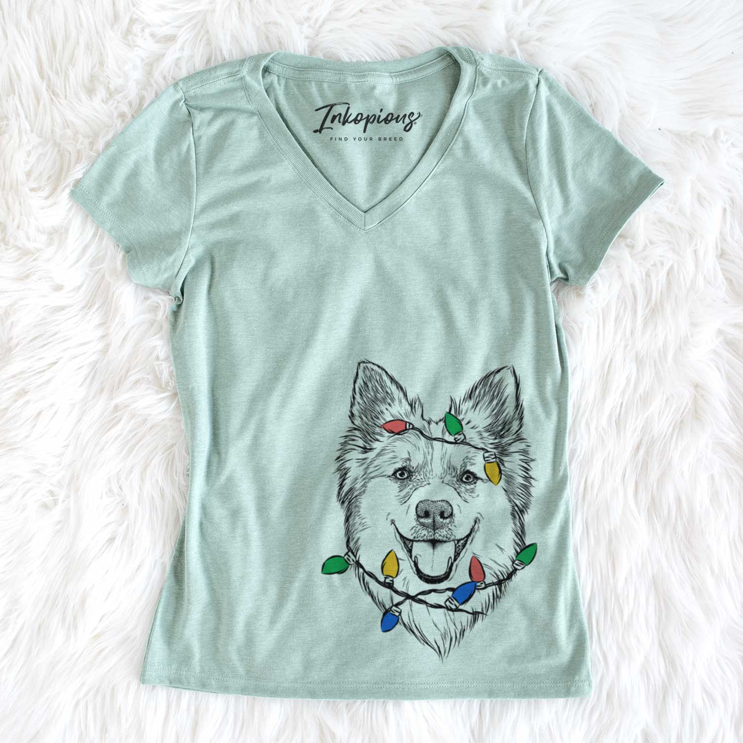 Christmas Lights Ari the Icelandic Sheepdog - Women's V-neck Shirt