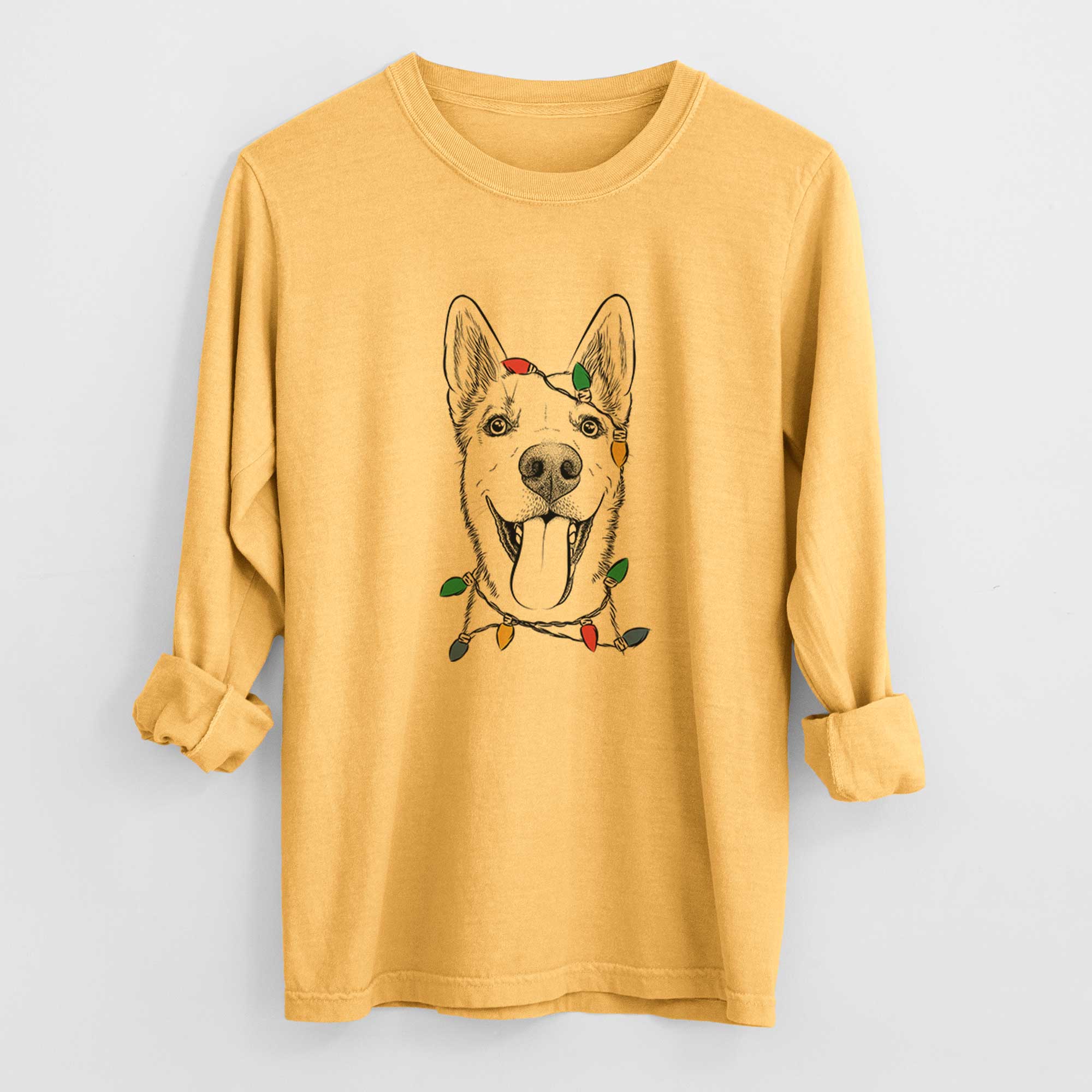 Christmas Lights Arlo the Husky Shepherd Mix - Heavyweight 100% Cotton Long Sleeve