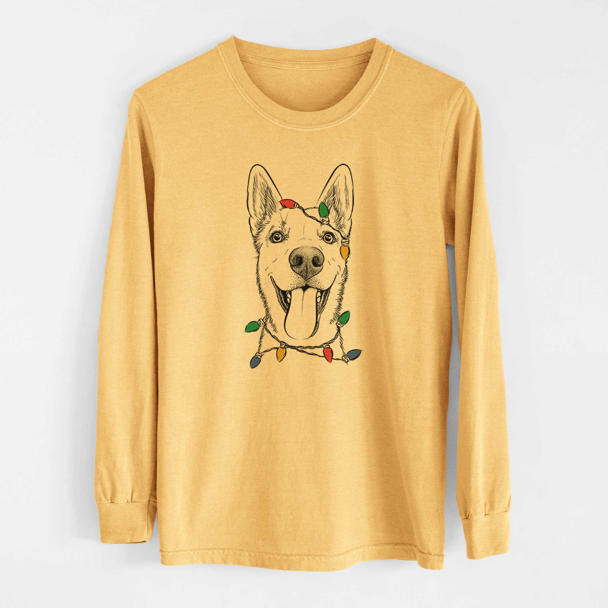 Christmas Lights Arlo the Husky Shepherd Mix - Heavyweight 100% Cotton Long Sleeve