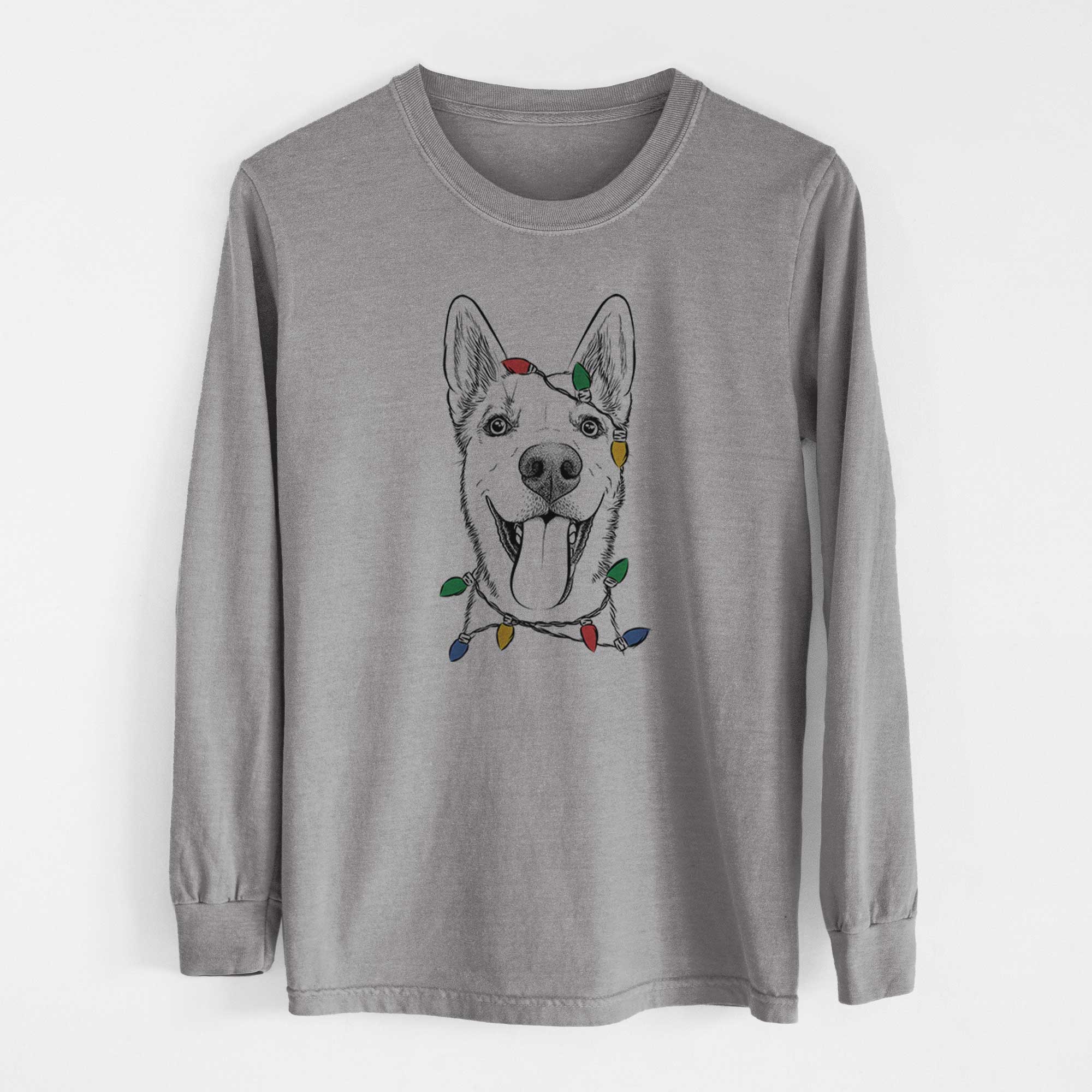 Christmas Lights Arlo the Husky Shepherd Mix - Heavyweight 100% Cotton Long Sleeve