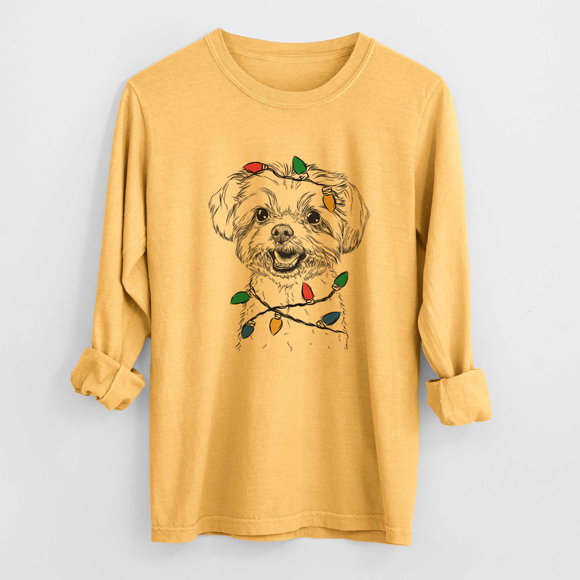 Christmas Lights Aspen the Morkie - Heavyweight 100% Cotton Long Sleeve