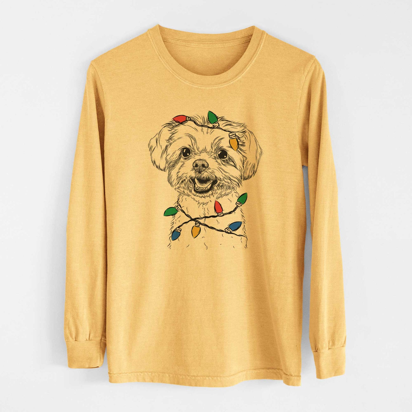 Christmas Lights Aspen the Morkie - Heavyweight 100% Cotton Long Sleeve