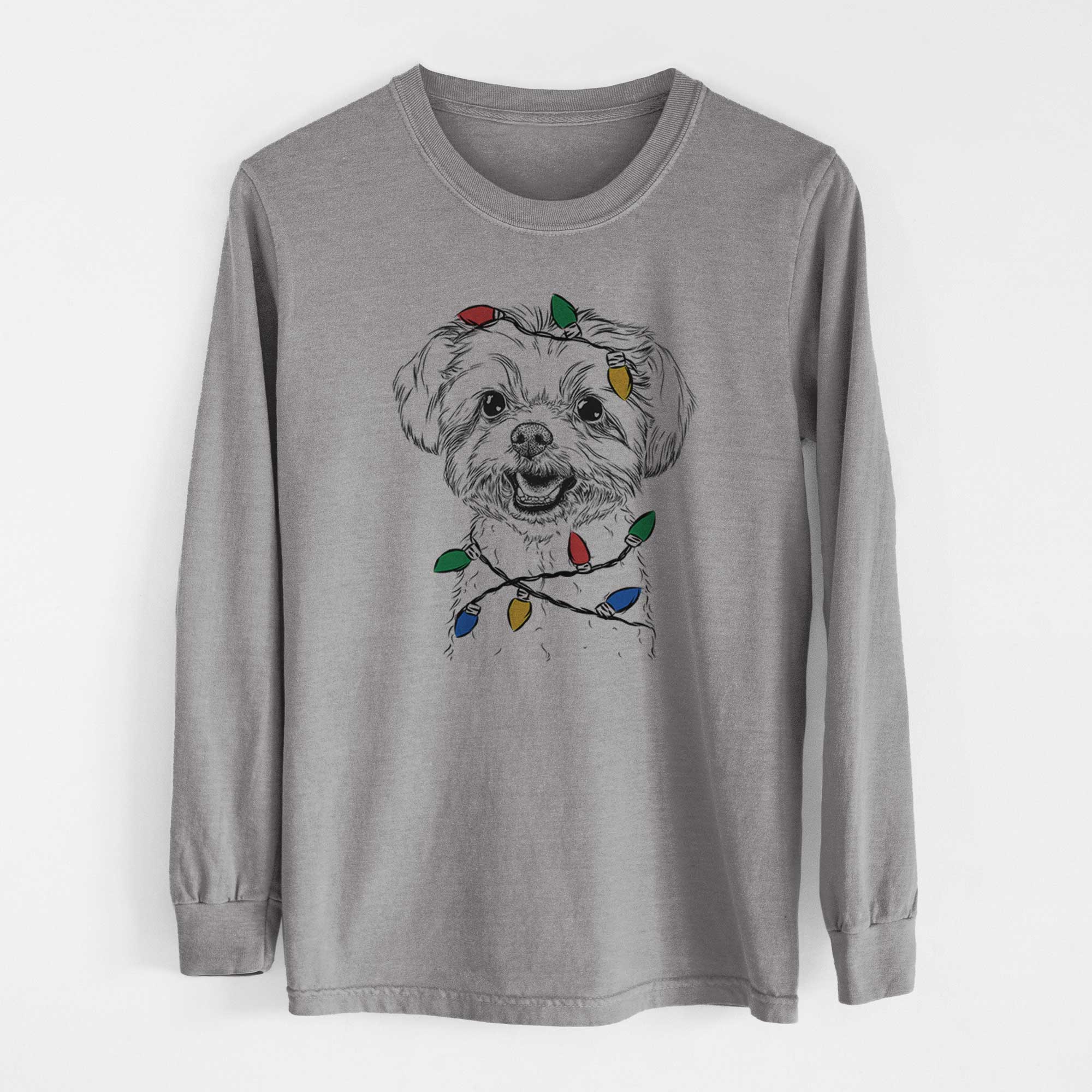 Christmas Lights Aspen the Morkie - Heavyweight 100% Cotton Long Sleeve