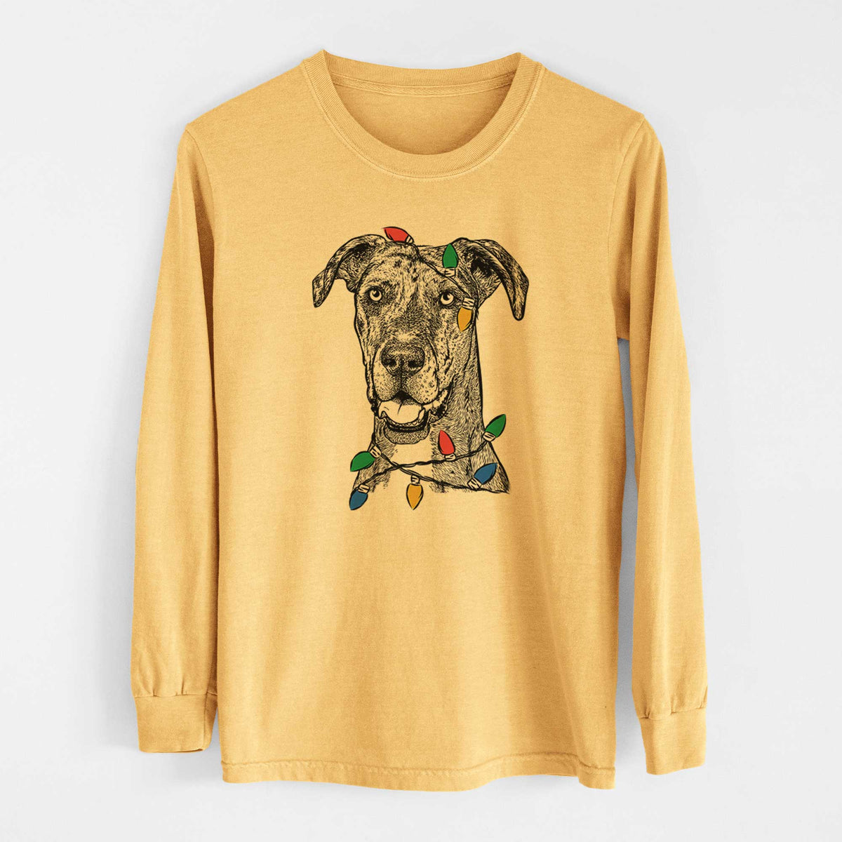 Christmas Lights Athena the Merle Great Dane - Heavyweight 100% Cotton Long Sleeve