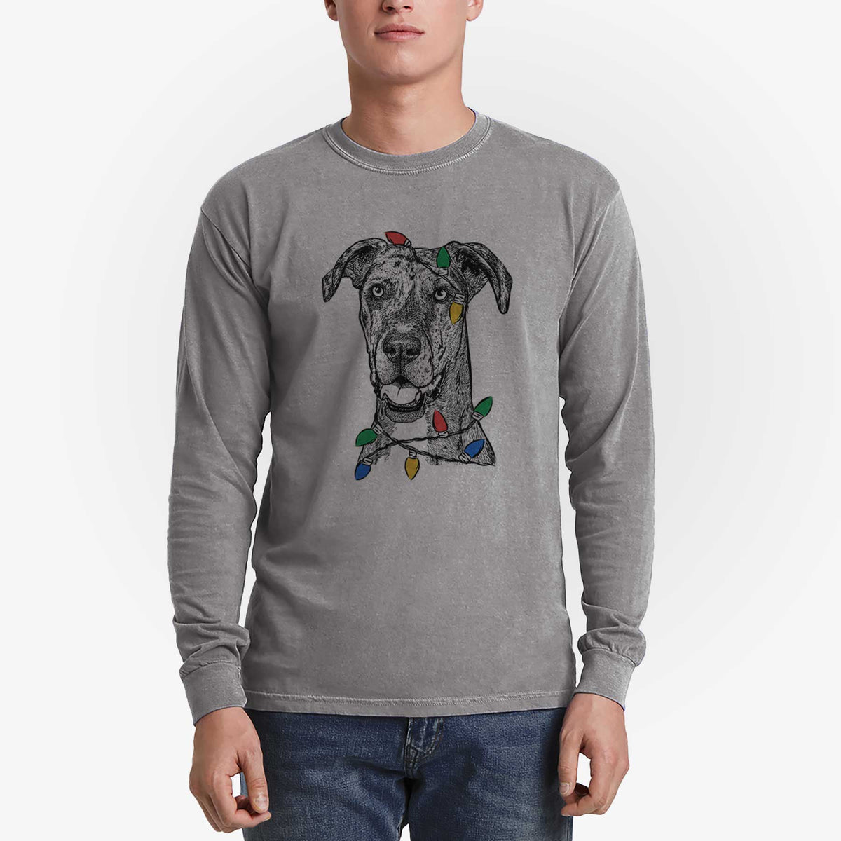 Christmas Lights Athena the Merle Great Dane - Heavyweight 100% Cotton Long Sleeve