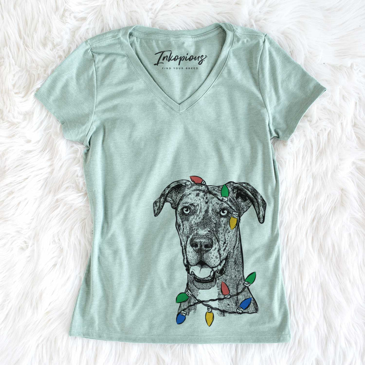 Christmas Lights Athena the Merle Great Dane - Women&#39;s V-neck Shirt