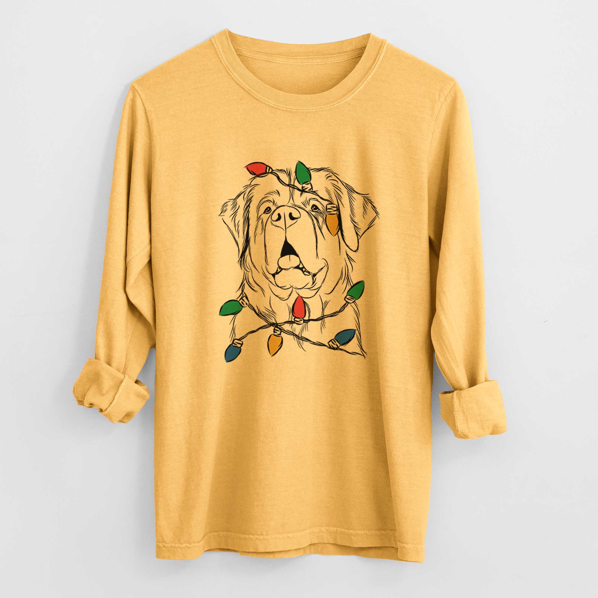 Christmas Lights Atlas the Saint Bernard - Heavyweight 100% Cotton Long Sleeve