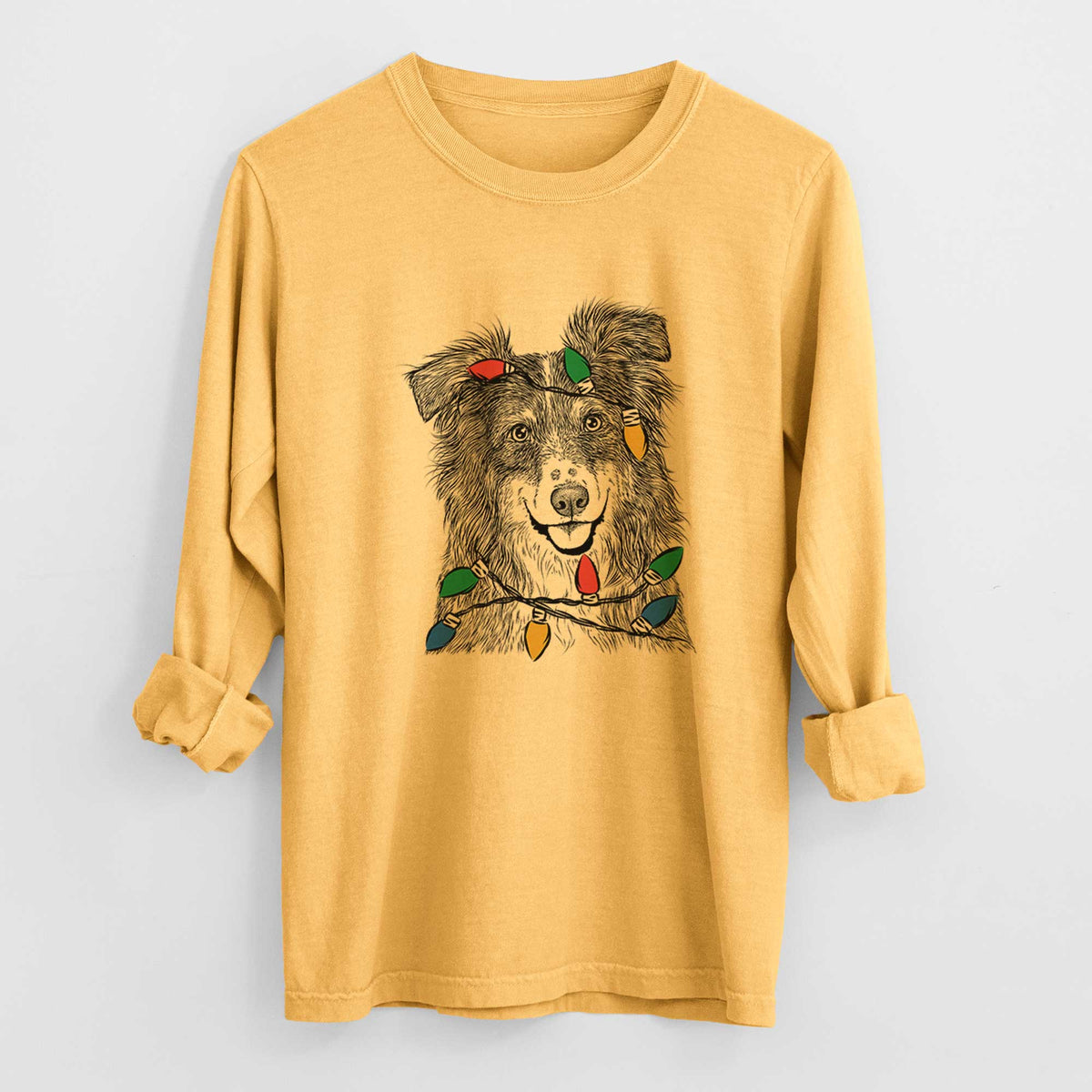 Christmas Lights Aushe the Australian Shepherd - Heavyweight 100% Cotton Long Sleeve