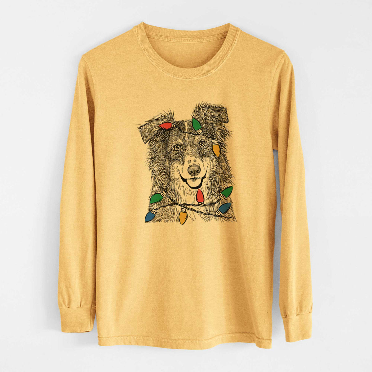 Christmas Lights Aushe the Australian Shepherd - Heavyweight 100% Cotton Long Sleeve