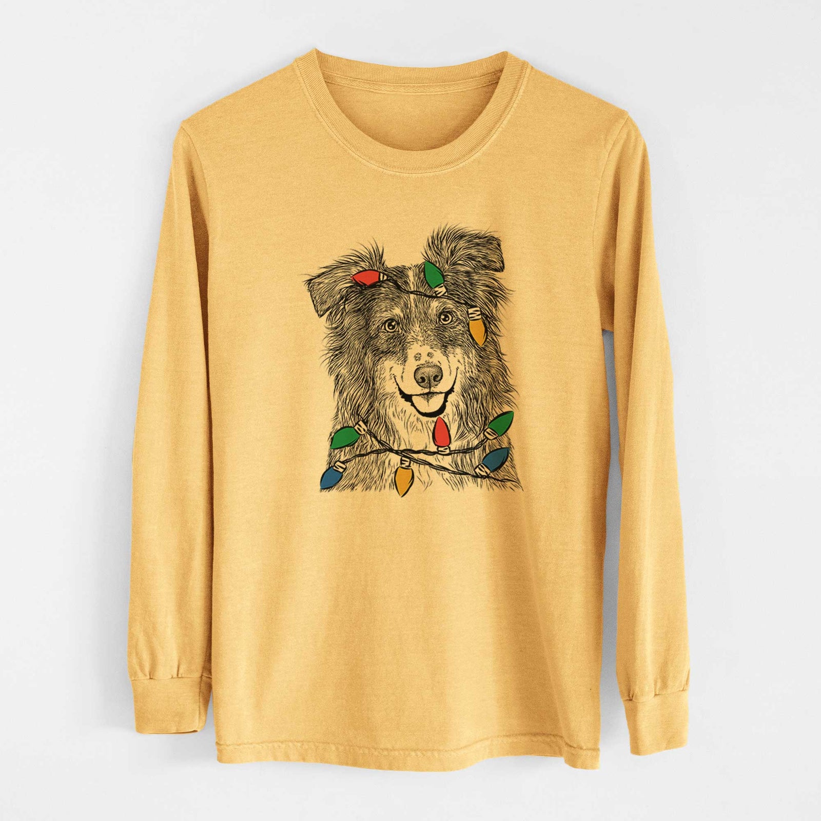 Christmas Lights Aushe the Australian Shepherd - Heavyweight 100% Cotton Long Sleeve