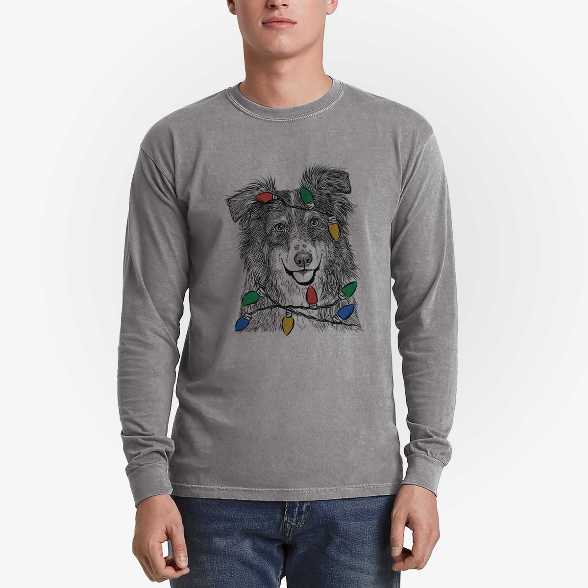 Christmas Lights Aushe the Australian Shepherd - Heavyweight 100% Cotton Long Sleeve