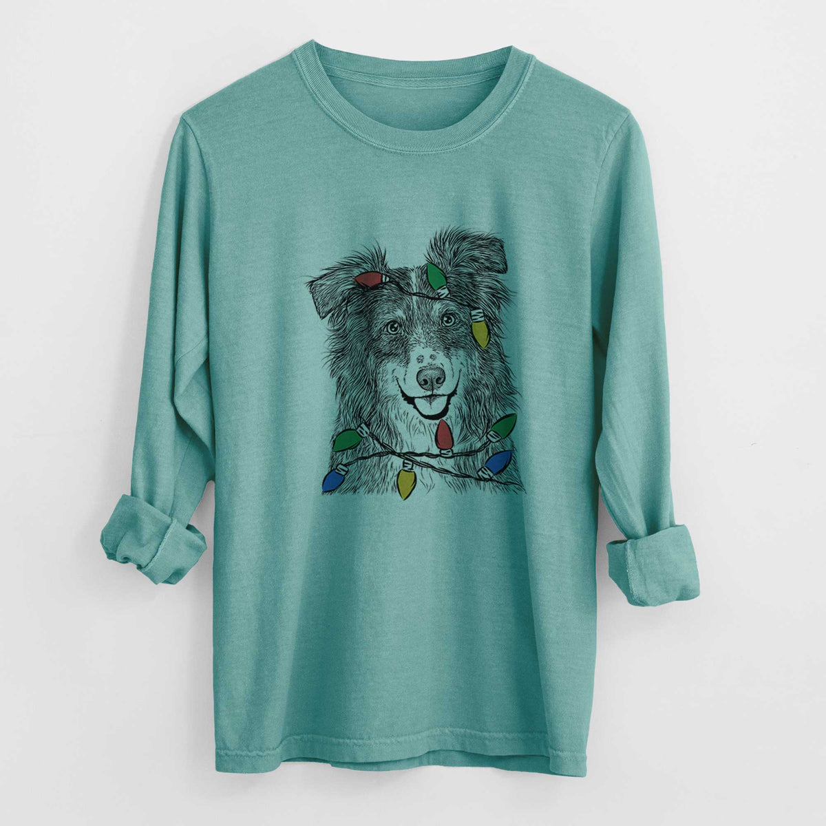 Christmas Lights Aushe the Australian Shepherd - Heavyweight 100% Cotton Long Sleeve