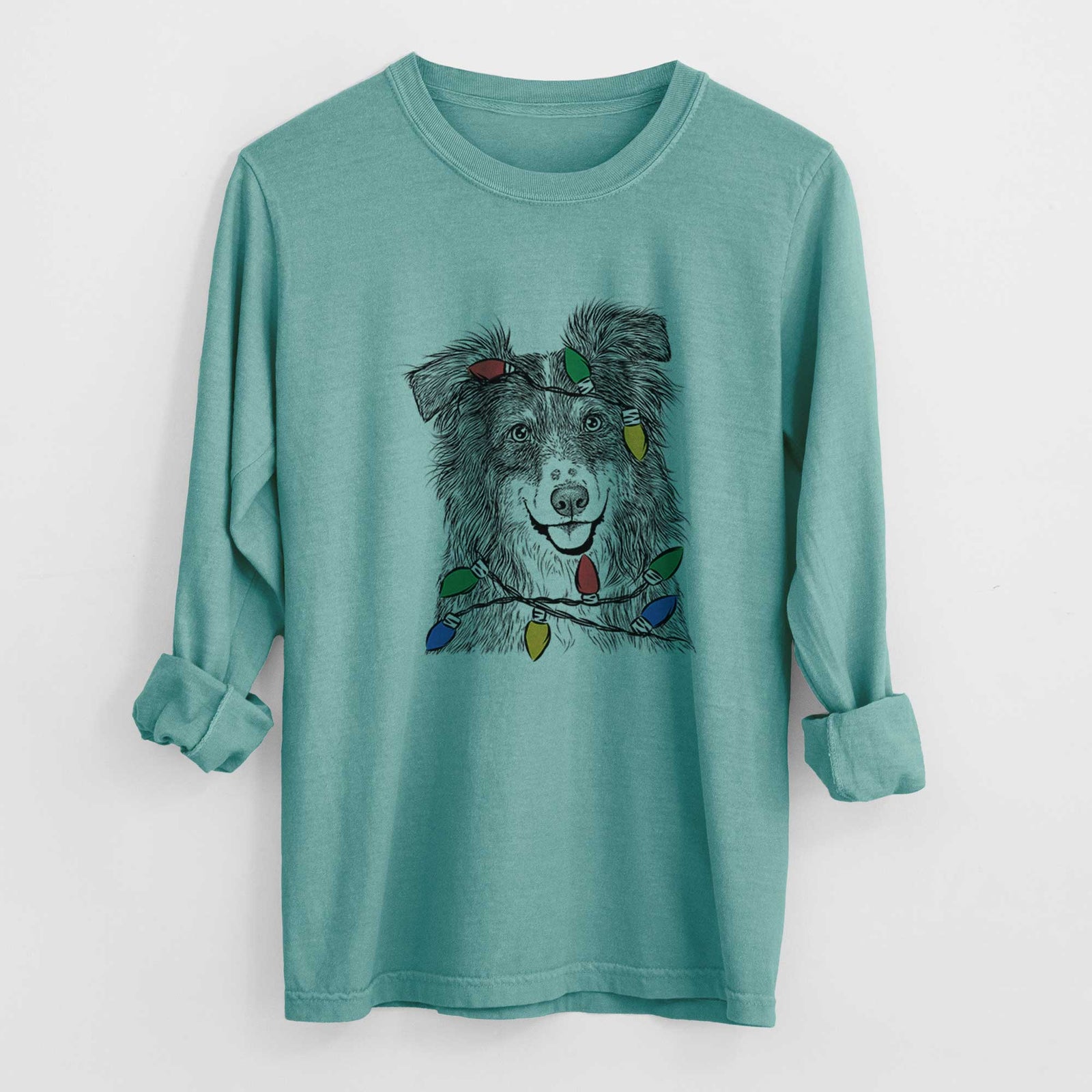 Christmas Lights Aushe the Australian Shepherd - Heavyweight 100% Cotton Long Sleeve