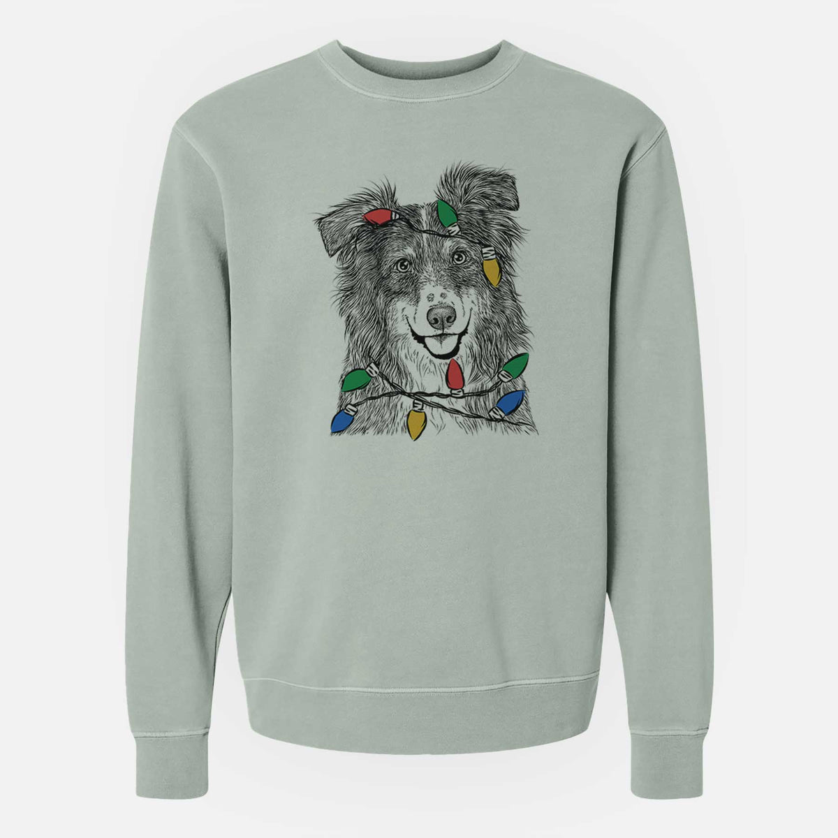 Christmas Lights Aushe the Australian Shepherd - Unisex Pigment Dyed Crew Sweatshirt