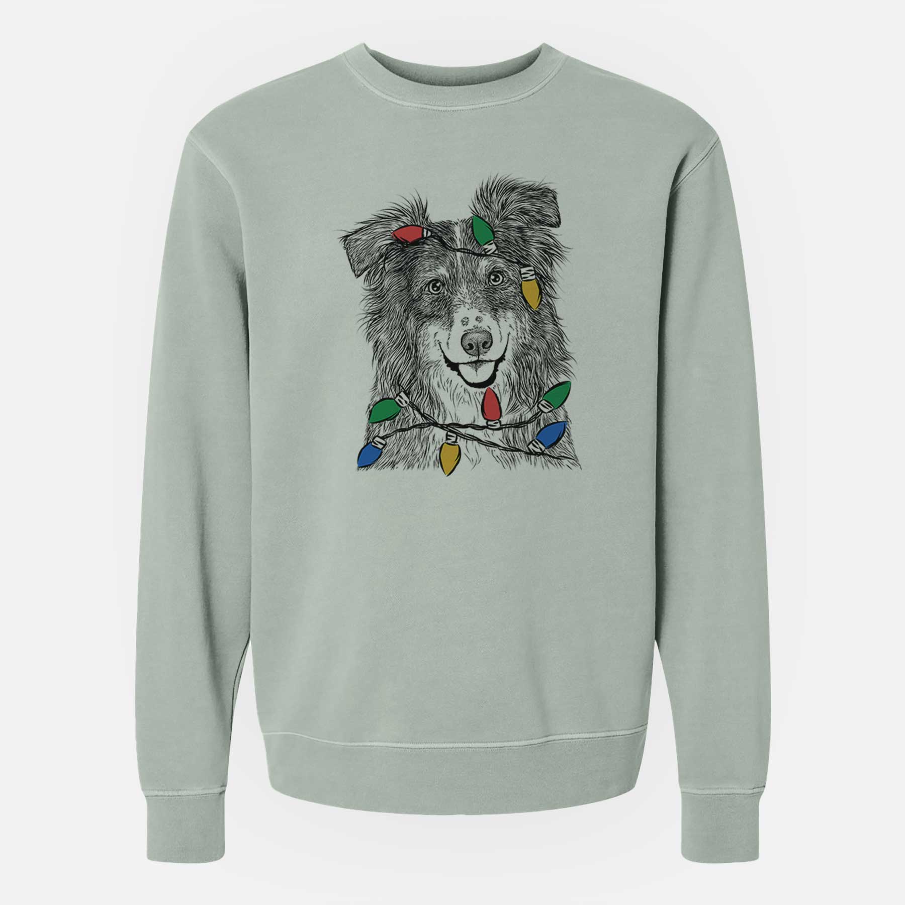 Christmas Lights Aushe the Australian Shepherd - Unisex Pigment Dyed Crew Sweatshirt