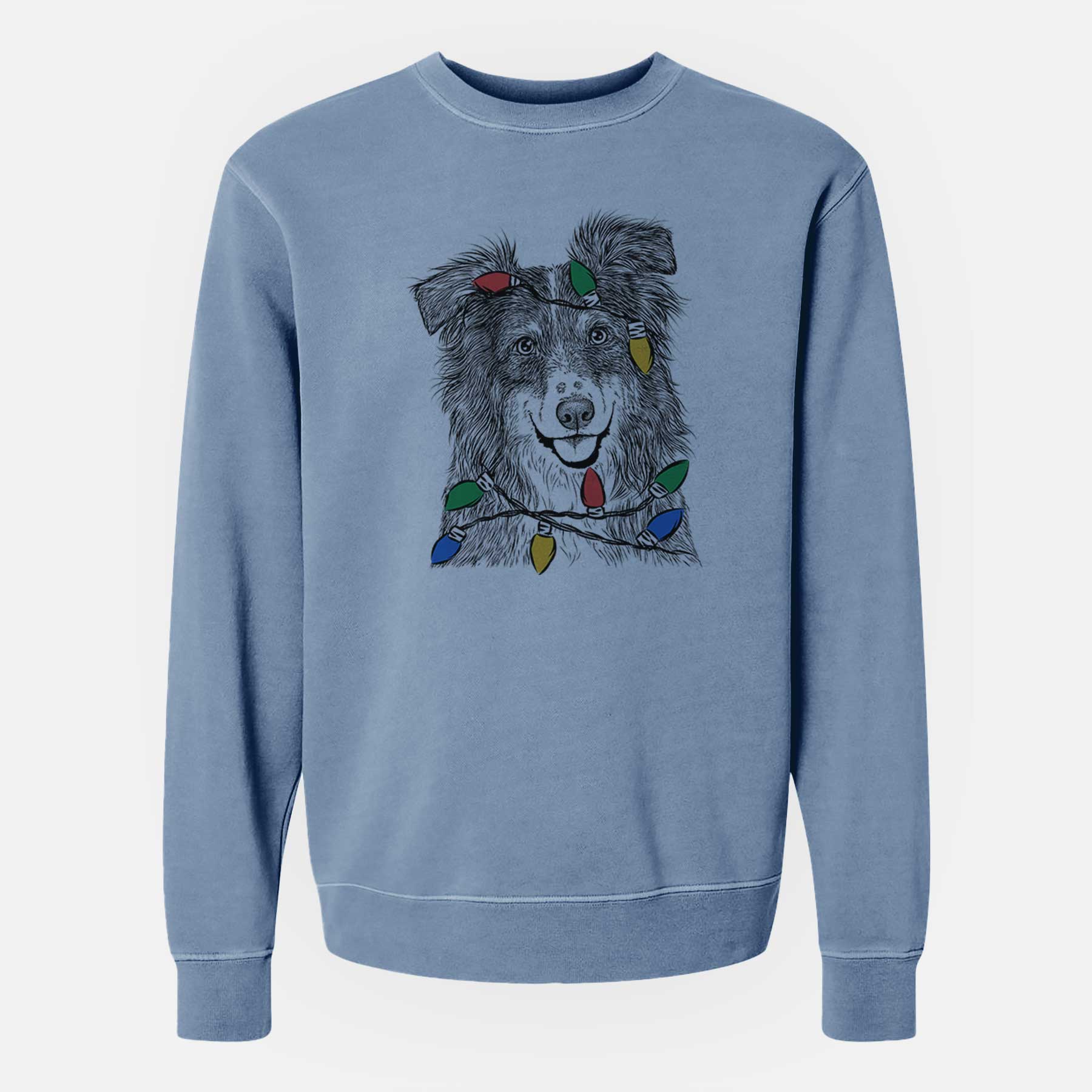 Christmas Lights Aushe the Australian Shepherd - Unisex Pigment Dyed Crew Sweatshirt